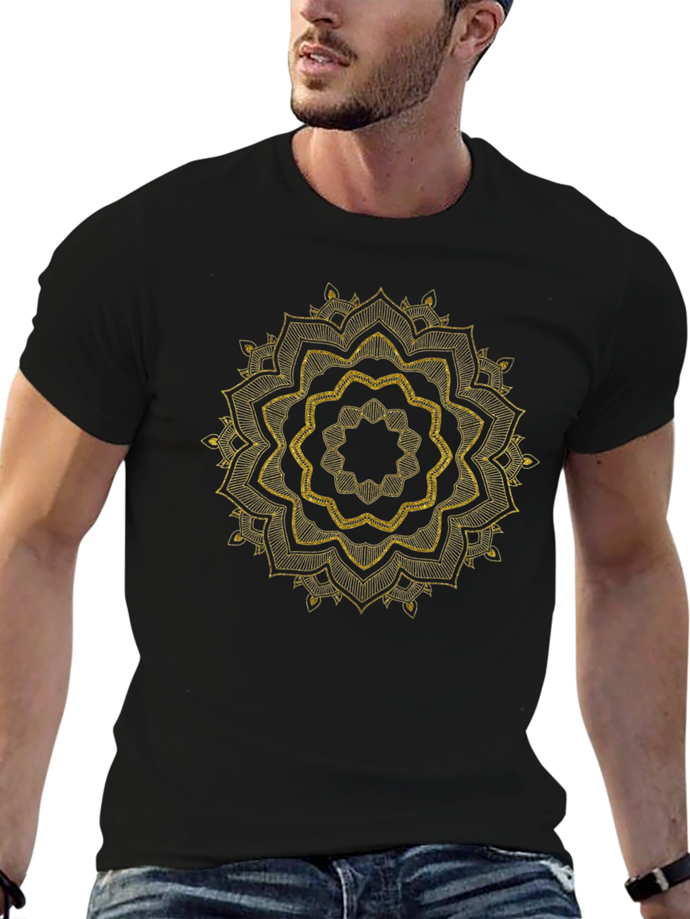 Mens Black Tee with Golden Mandala Design