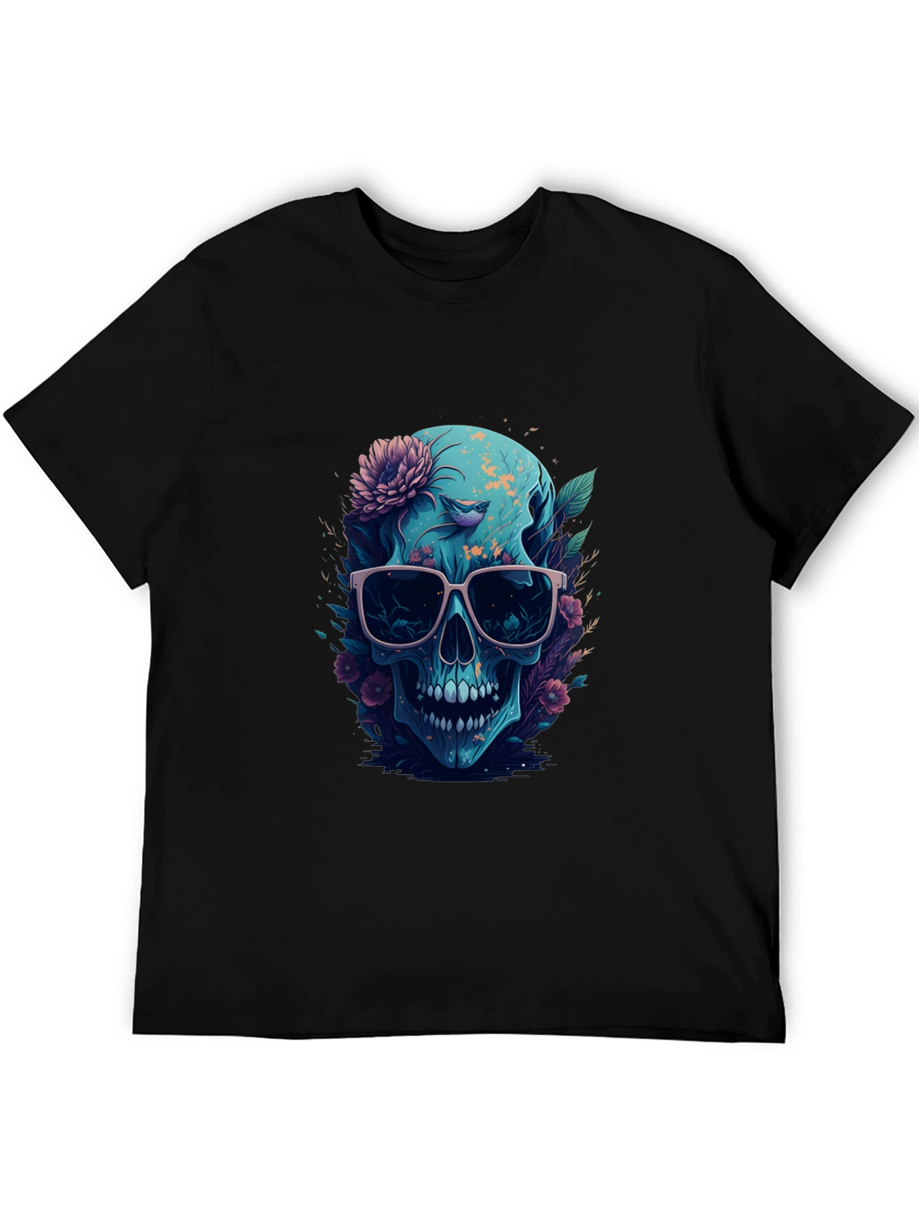 Floral Skull Graphic Tee - Mens Black T-Shirt
