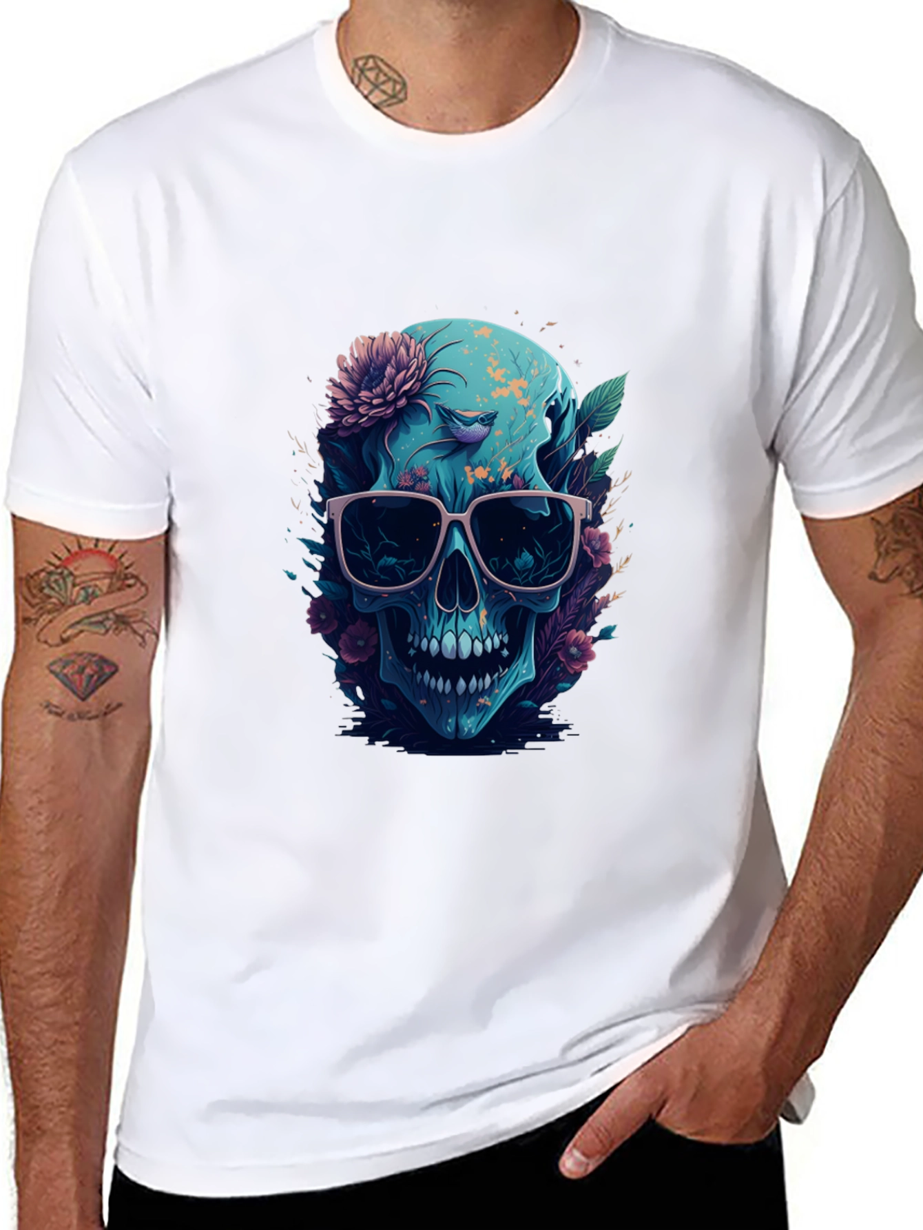Floral Skull Graphic Tee - Mens Black T-Shirt