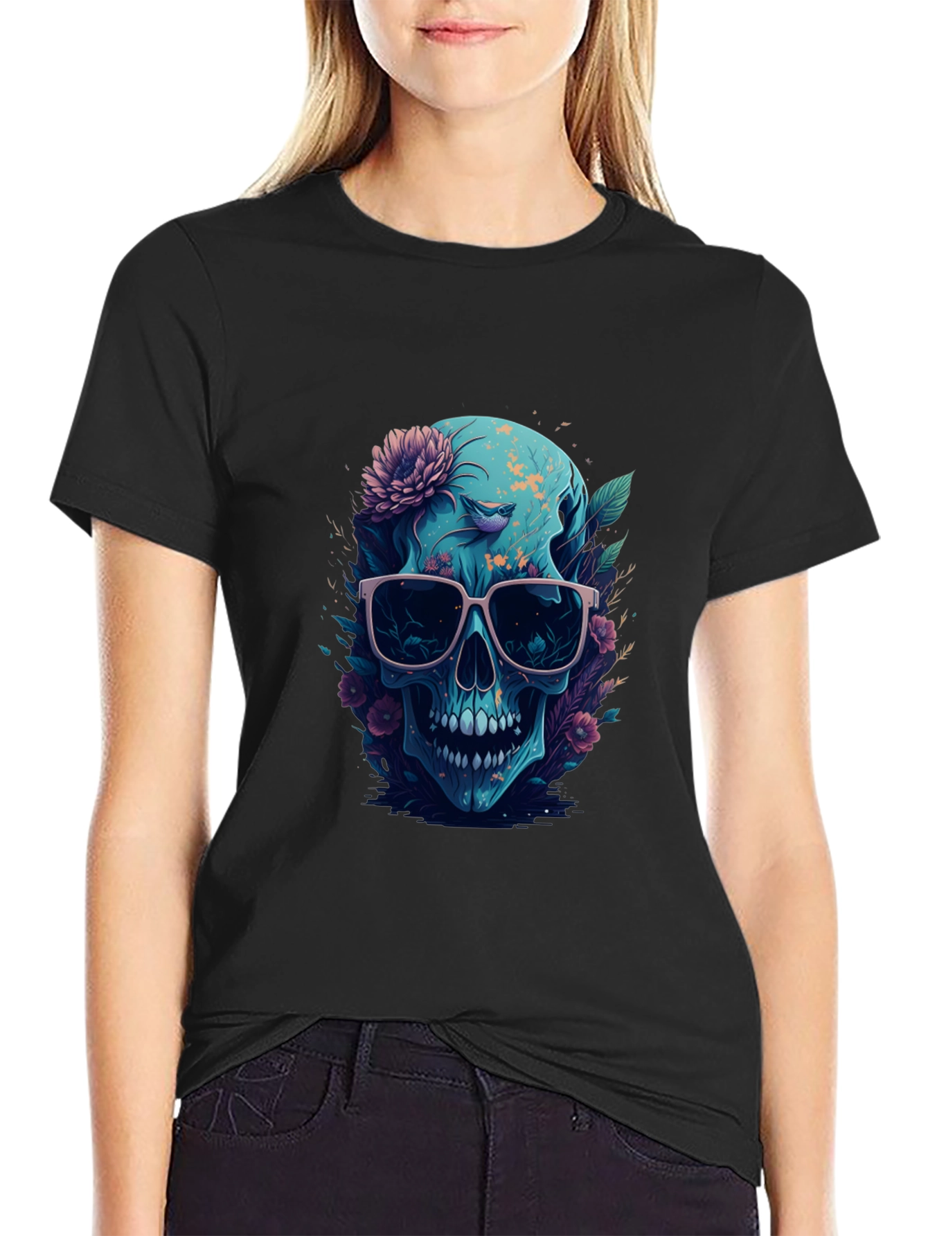 Floral Skull Graphic Tee - Mens Black T-Shirt