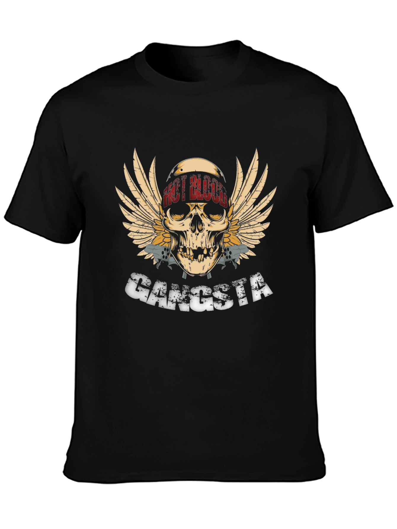 Gangsta Skull Wings Graphic Black T-Shirt