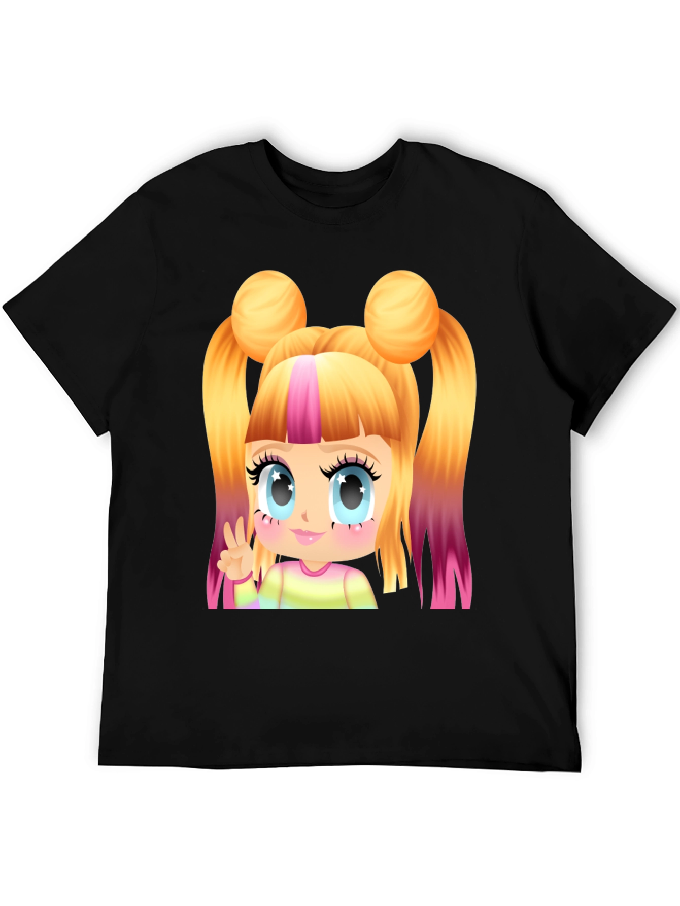 Kawaii Anime Girl Graphic Tee - Black Cotton