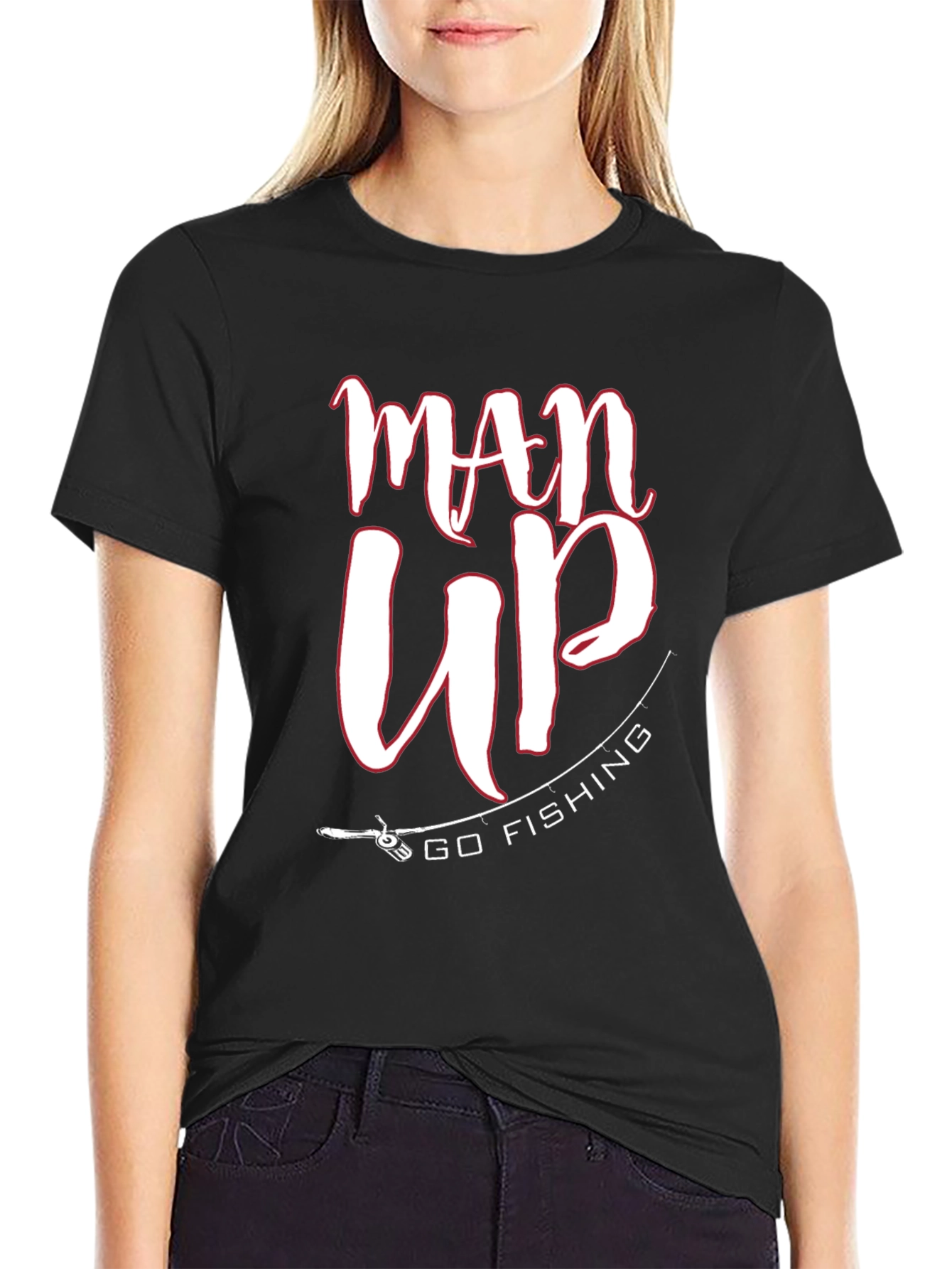 Man Up Go Fishing Black Graphic Tee
