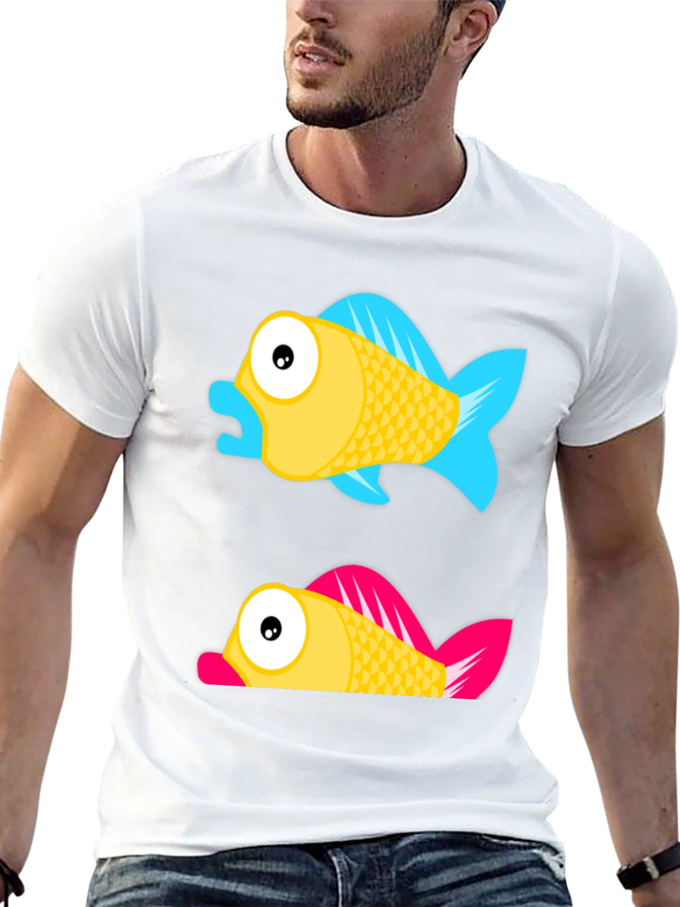 Cartoon Fish Graphic Tee - Black Cotton Shirt