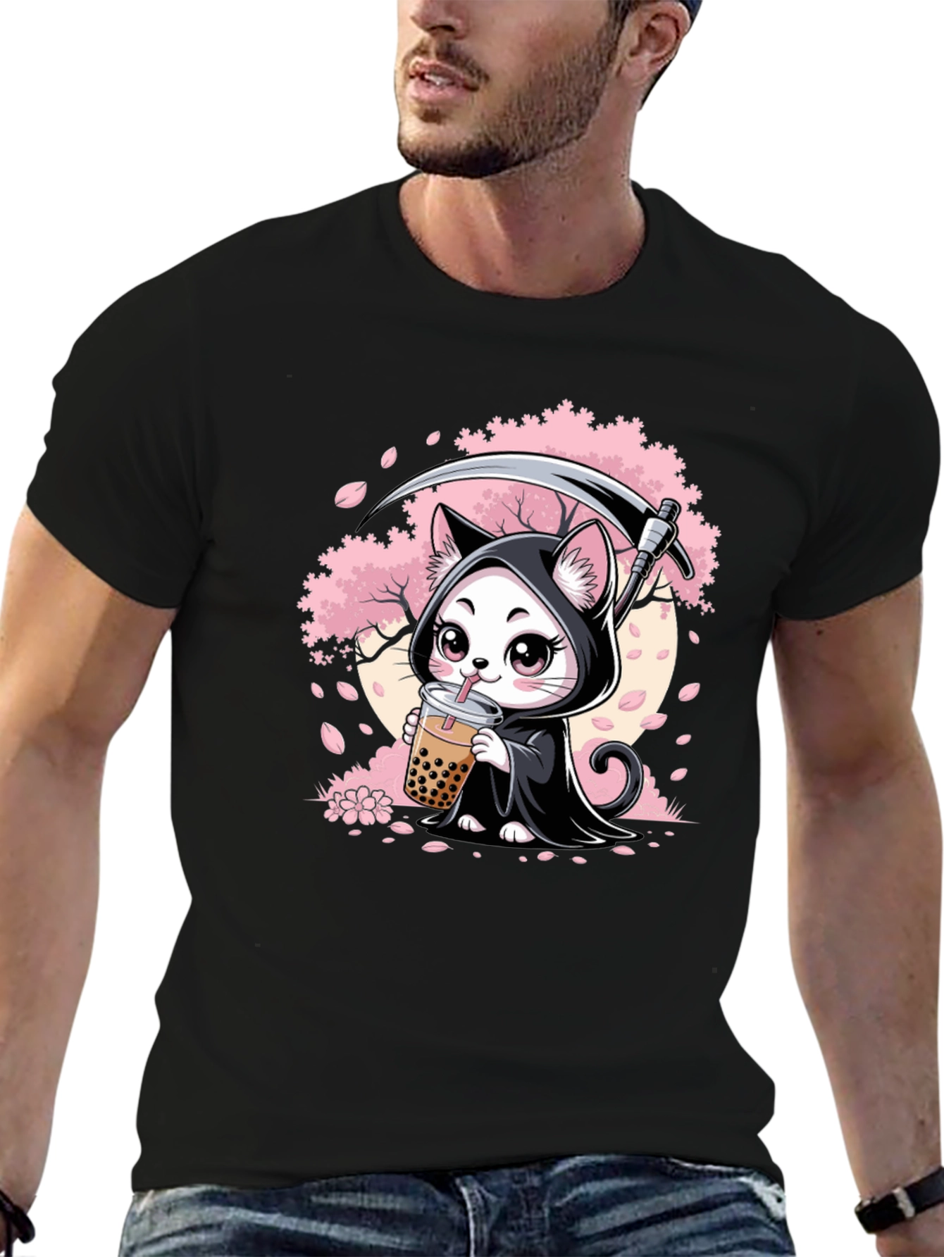 Kawaii Grim Reaper Cat Boba Tea Graphic T-Shirt