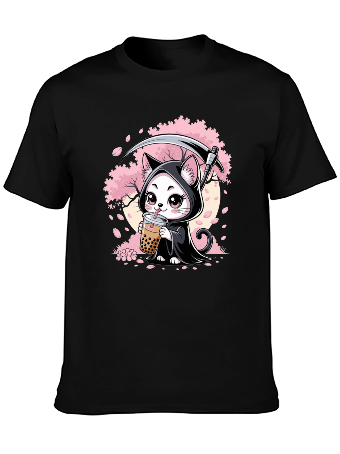 Kawaii Grim Reaper Cat Boba Tea Graphic T-Shirt