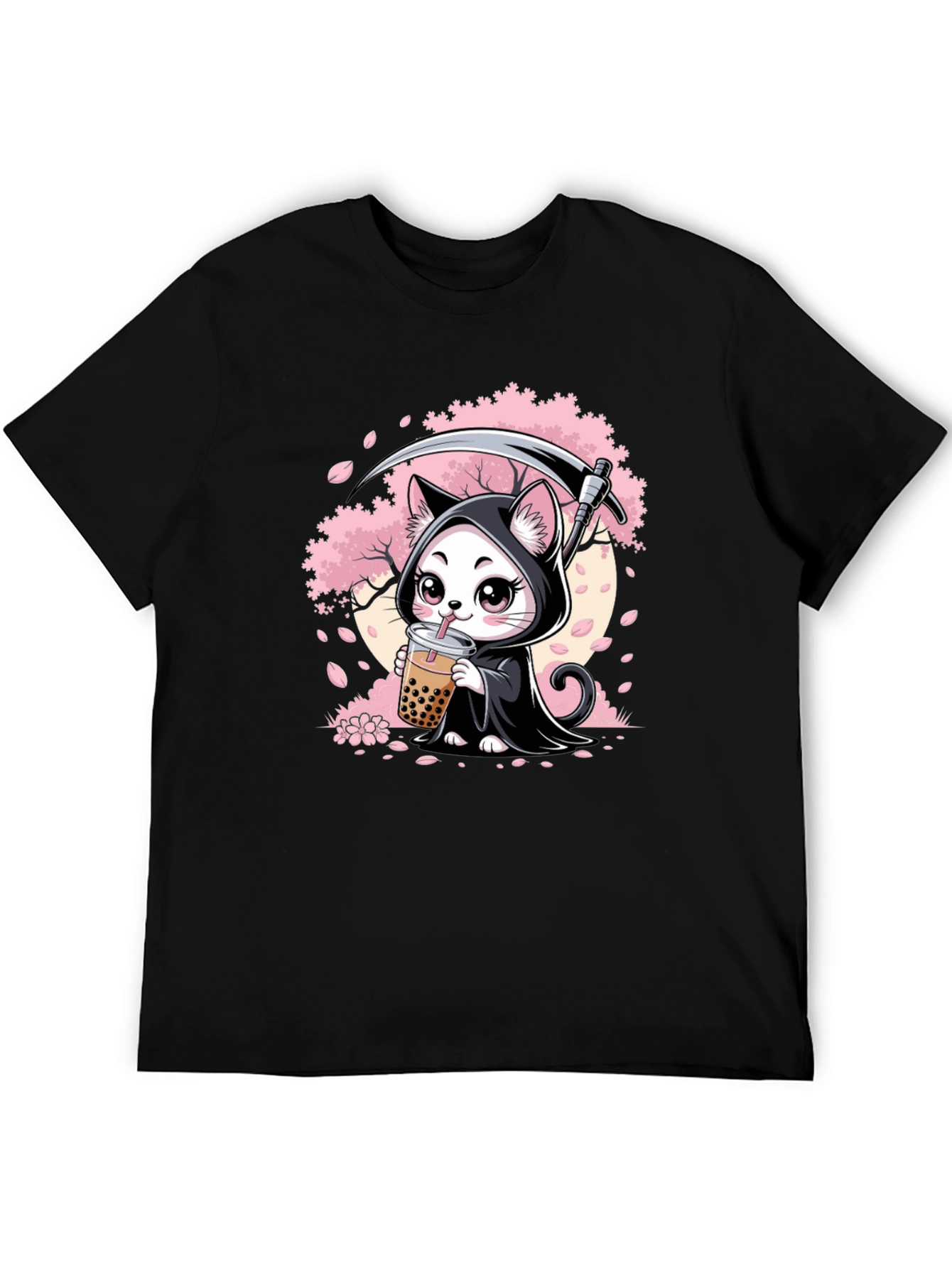 Kawaii Grim Reaper Cat Boba Tea Graphic T-Shirt