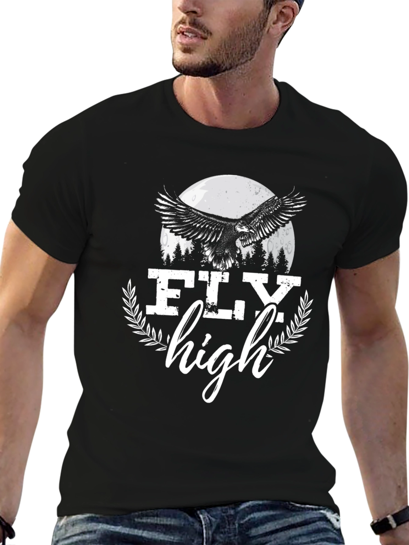 Fly High Eagle Graphic Tee - Black Cotton Blend