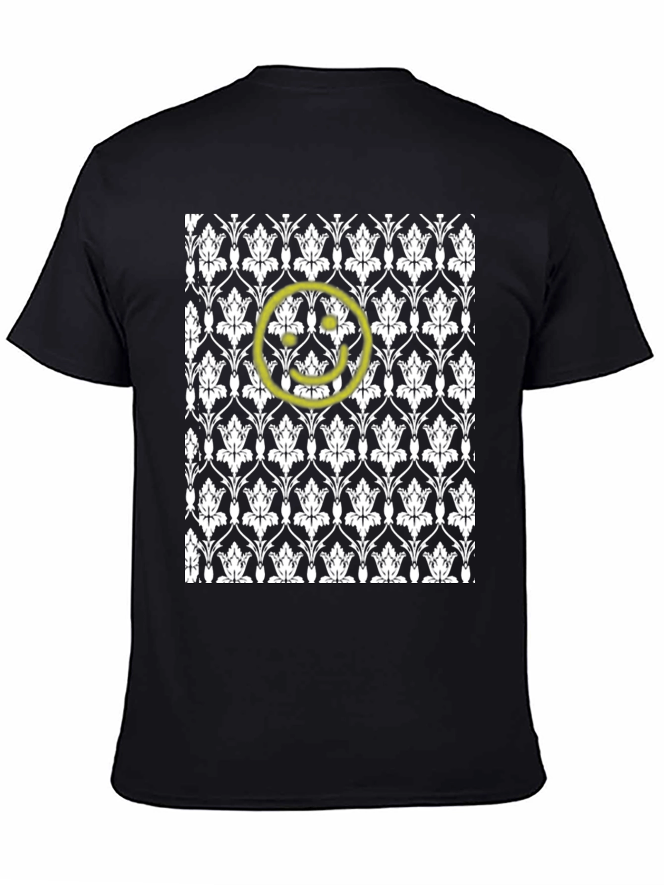 Black Patterned Tee with Yellow Smiley