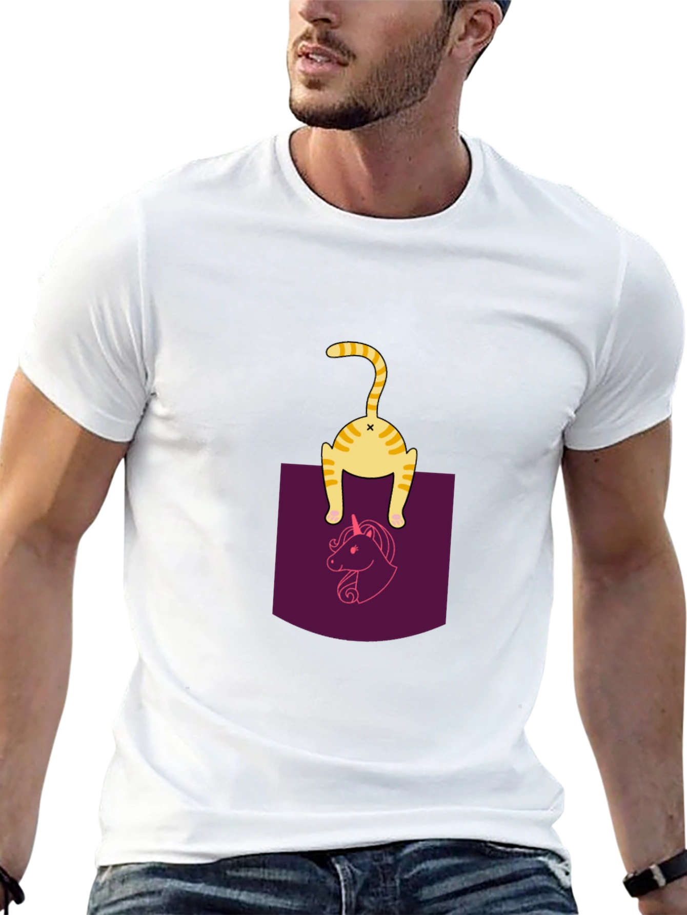 Funny Cat in Pocket Unicorn T-Shirt