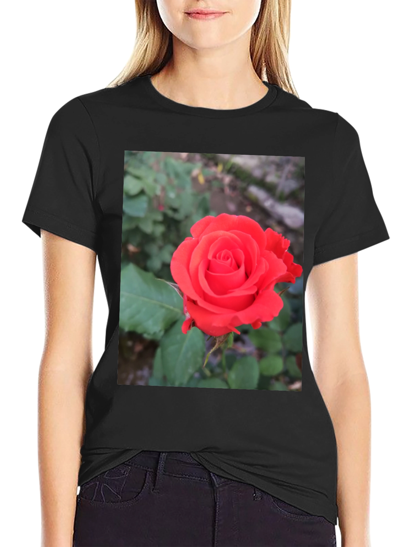 Black T-Shirt with Red Rose Graphic