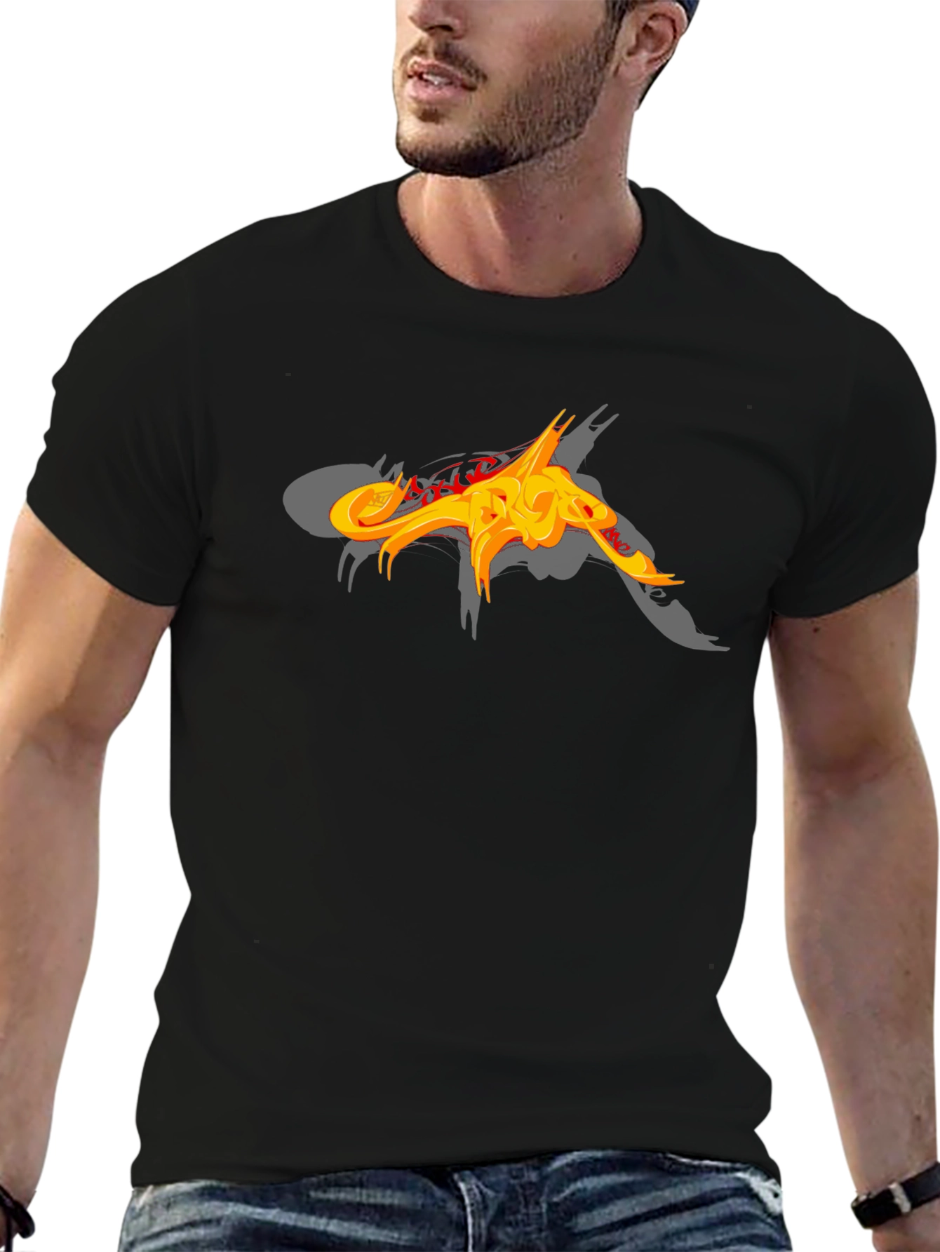 Black T-Shirt with Abstract Fiery Graphic Design