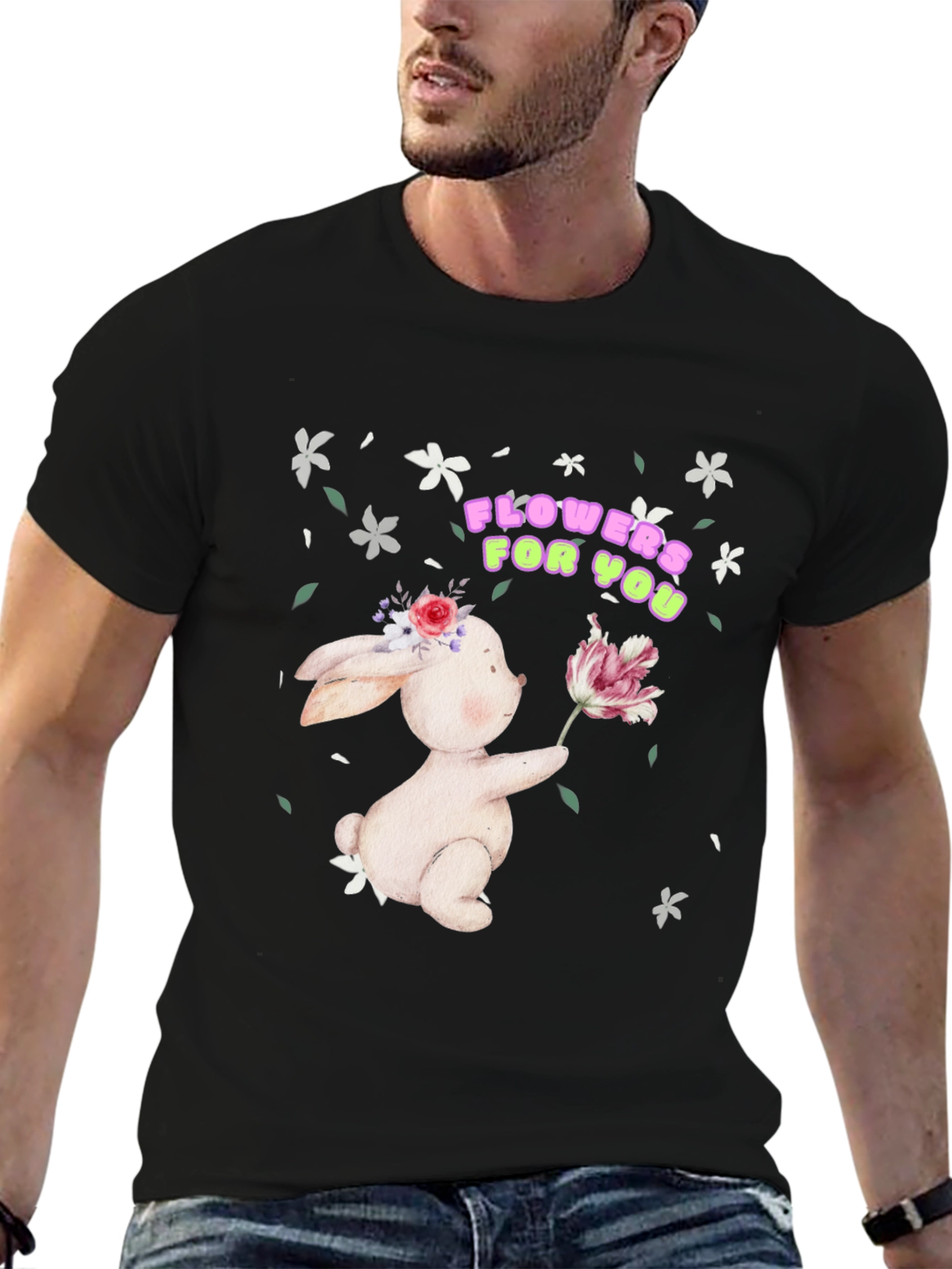 Bunny With Flowers Black T-Shirt
