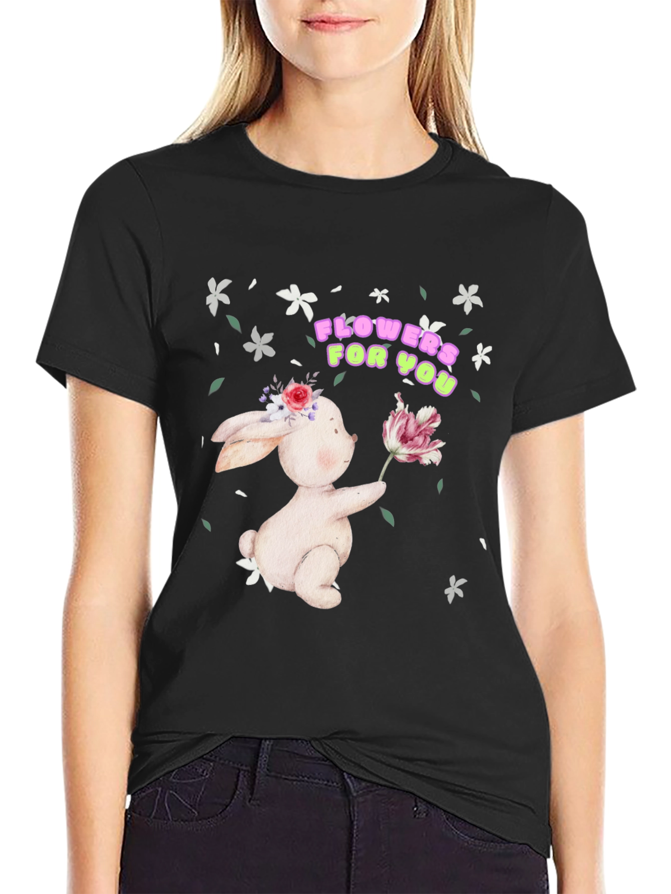 Bunny With Flowers Black T-Shirt
