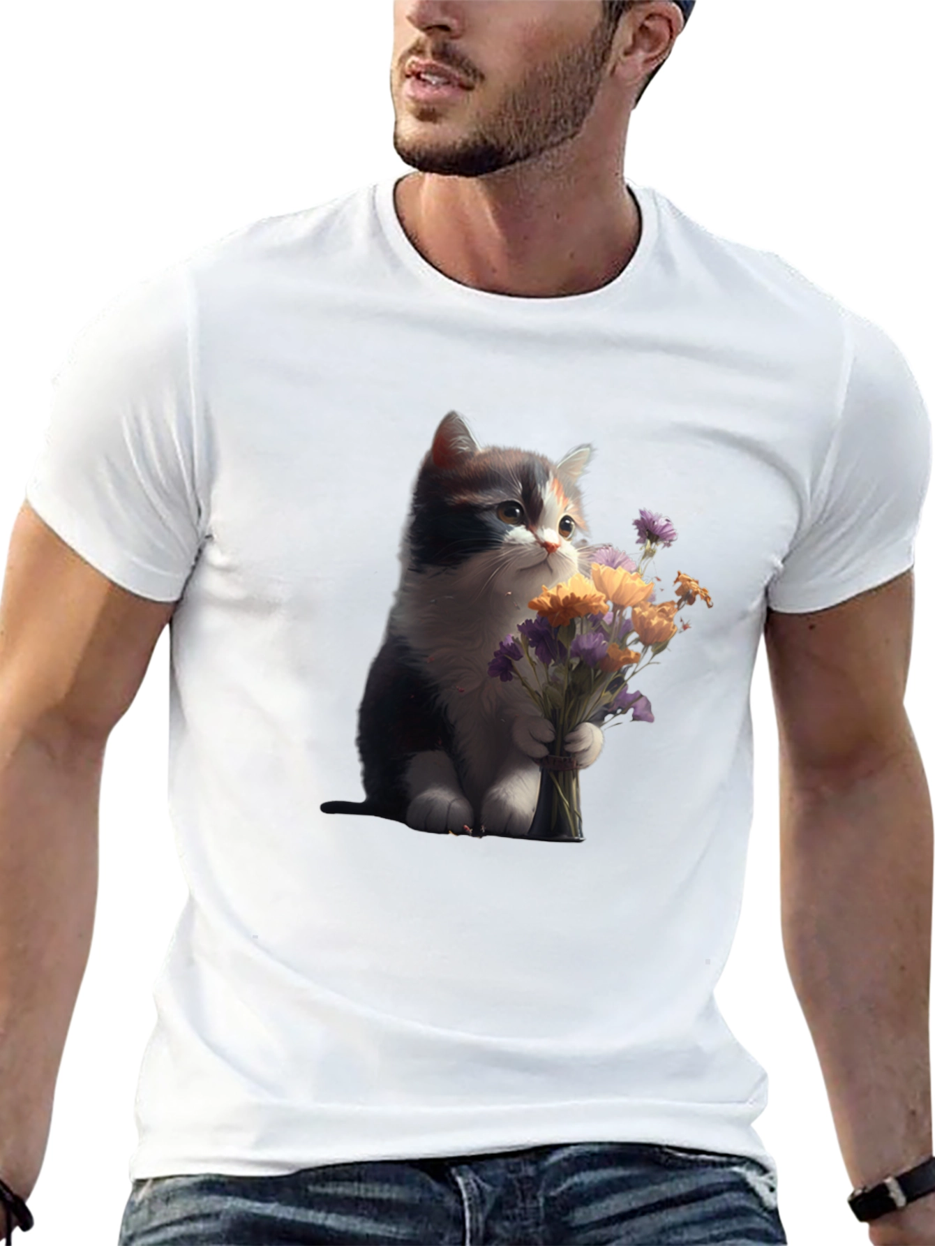 Cute Kitten with Flowers Graphic T-Shirt
