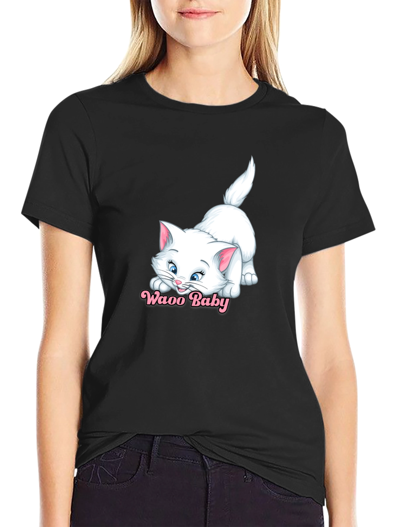 Waao Baby Cat Graphic Tee - Black