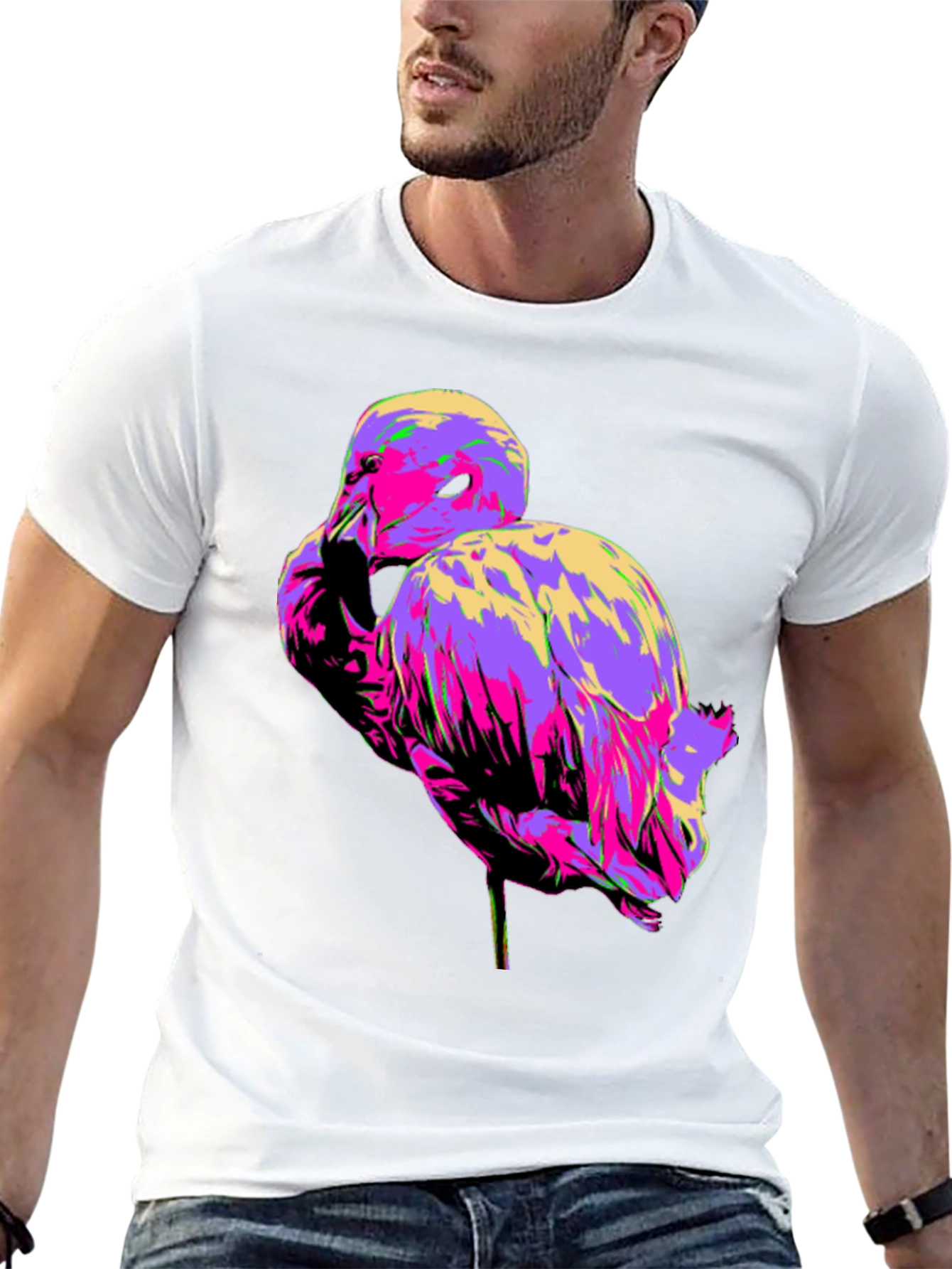Vibrant Flamingo Graphic Tee - Black Cotton T-Shirt