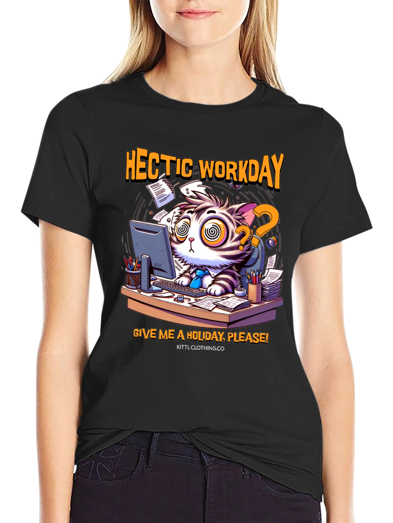 Hectic Workday Cat Graphic T-Shirt