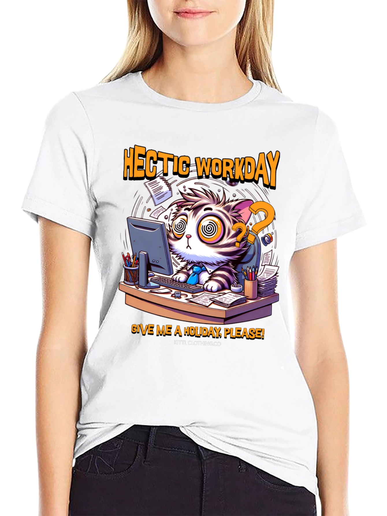 Hectic Workday Cat Graphic T-Shirt