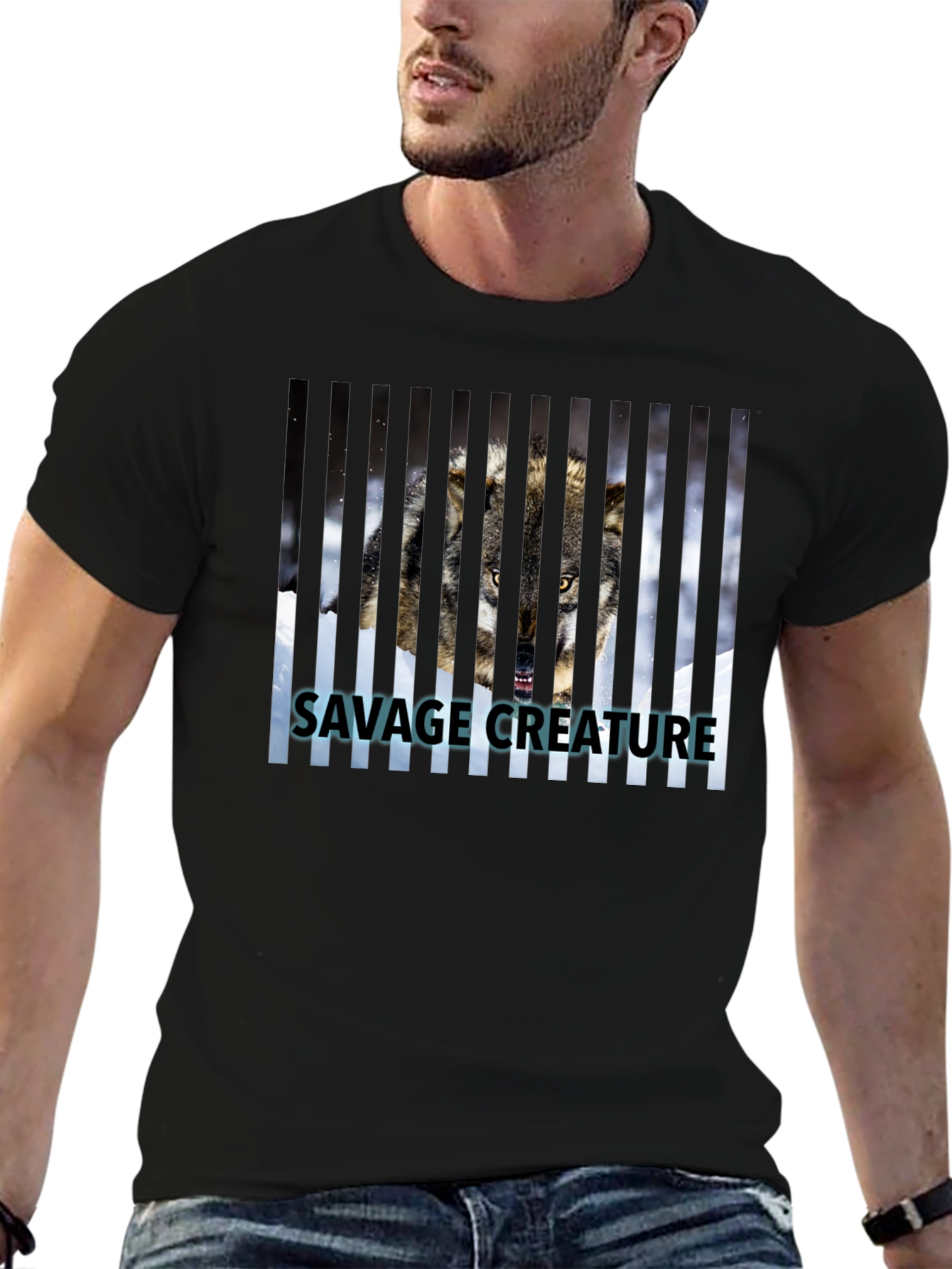 Savage Creature Wolf Graphic Print Black T-Shirt