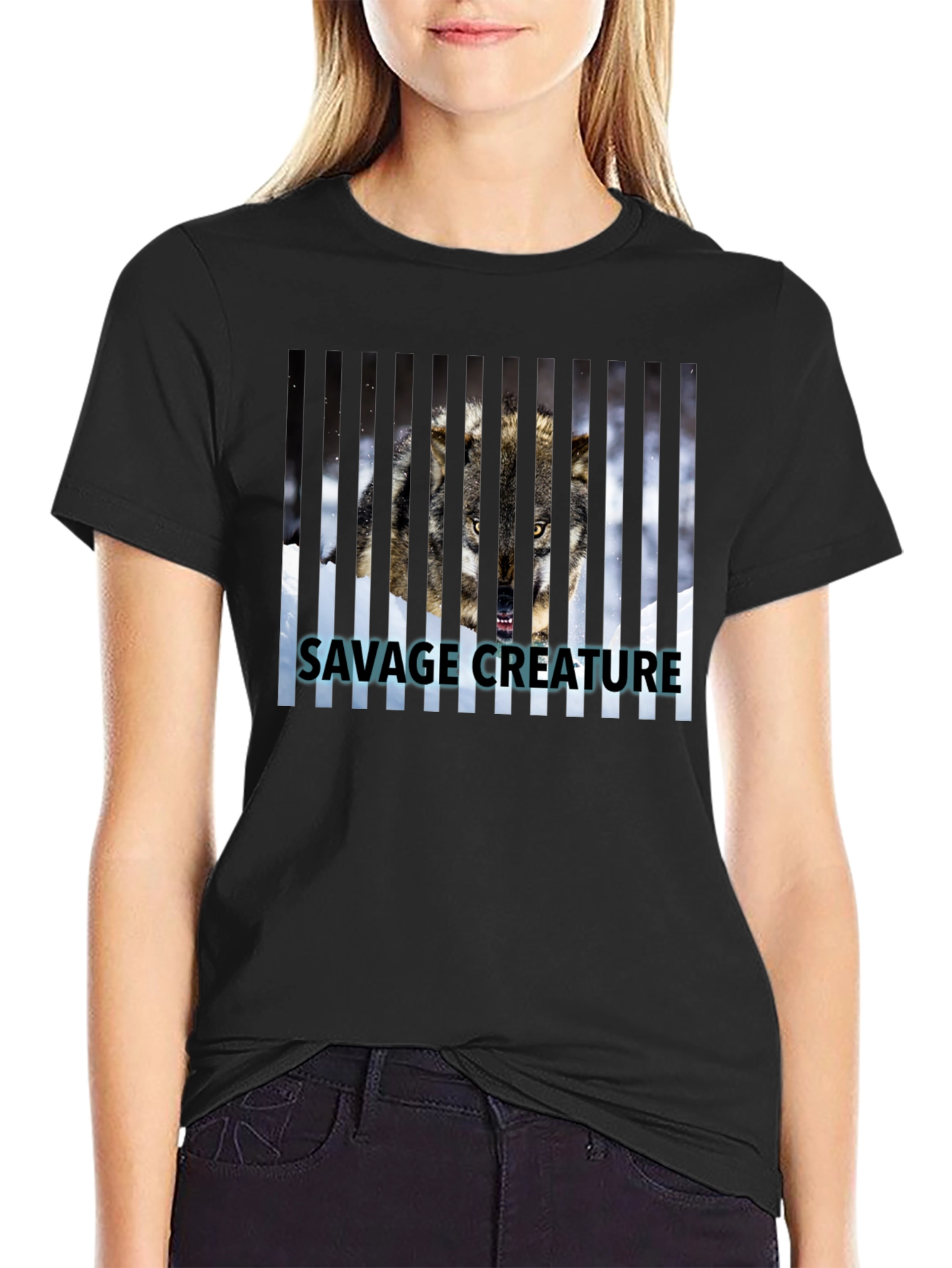 Savage Creature Wolf Graphic Print Black T-Shirt