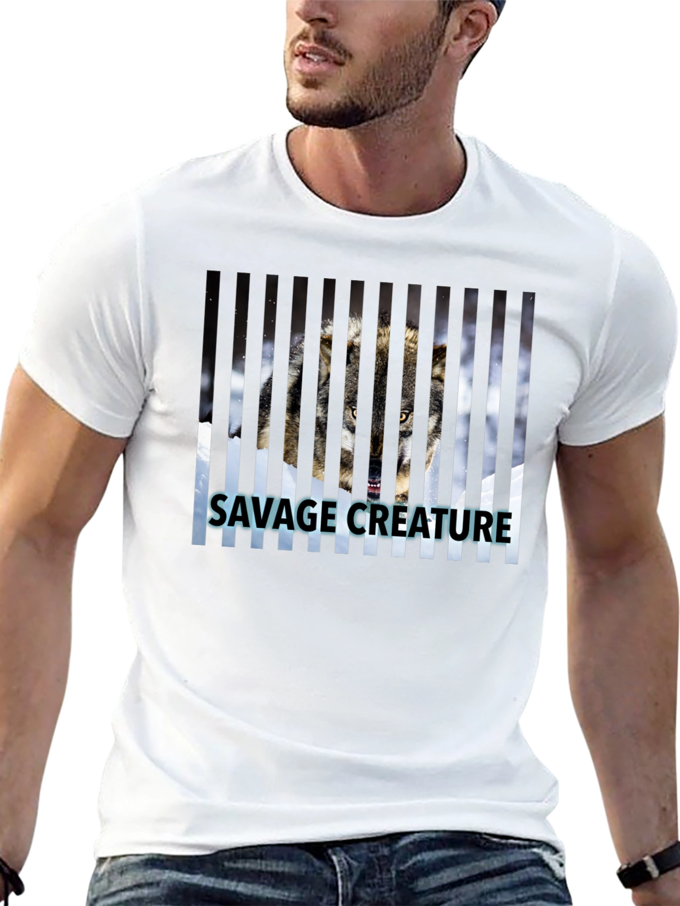 Savage Creature Wolf Graphic Print Black T-Shirt