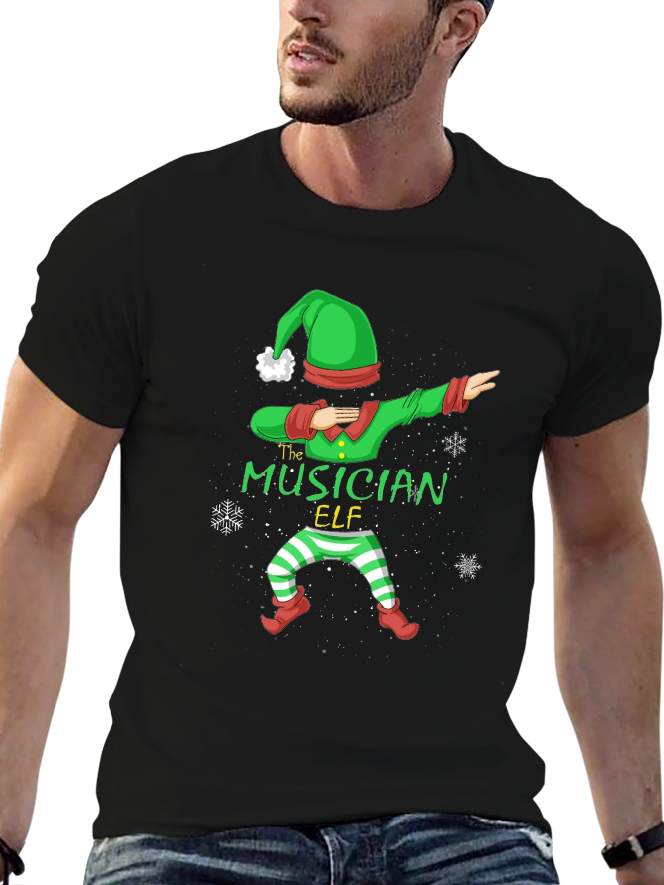 Musician Elf Dabbing Christmas Tee - Black Cotton Shirt