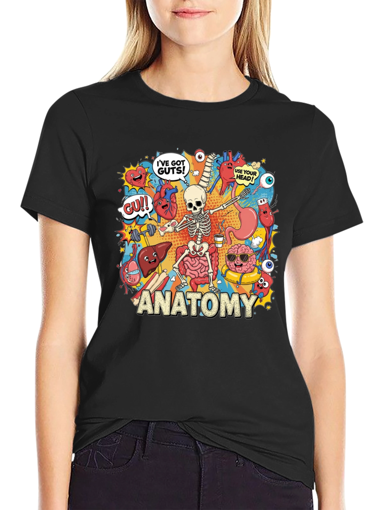 Anatomy Cartoon Graphic Print Black T-Shirt