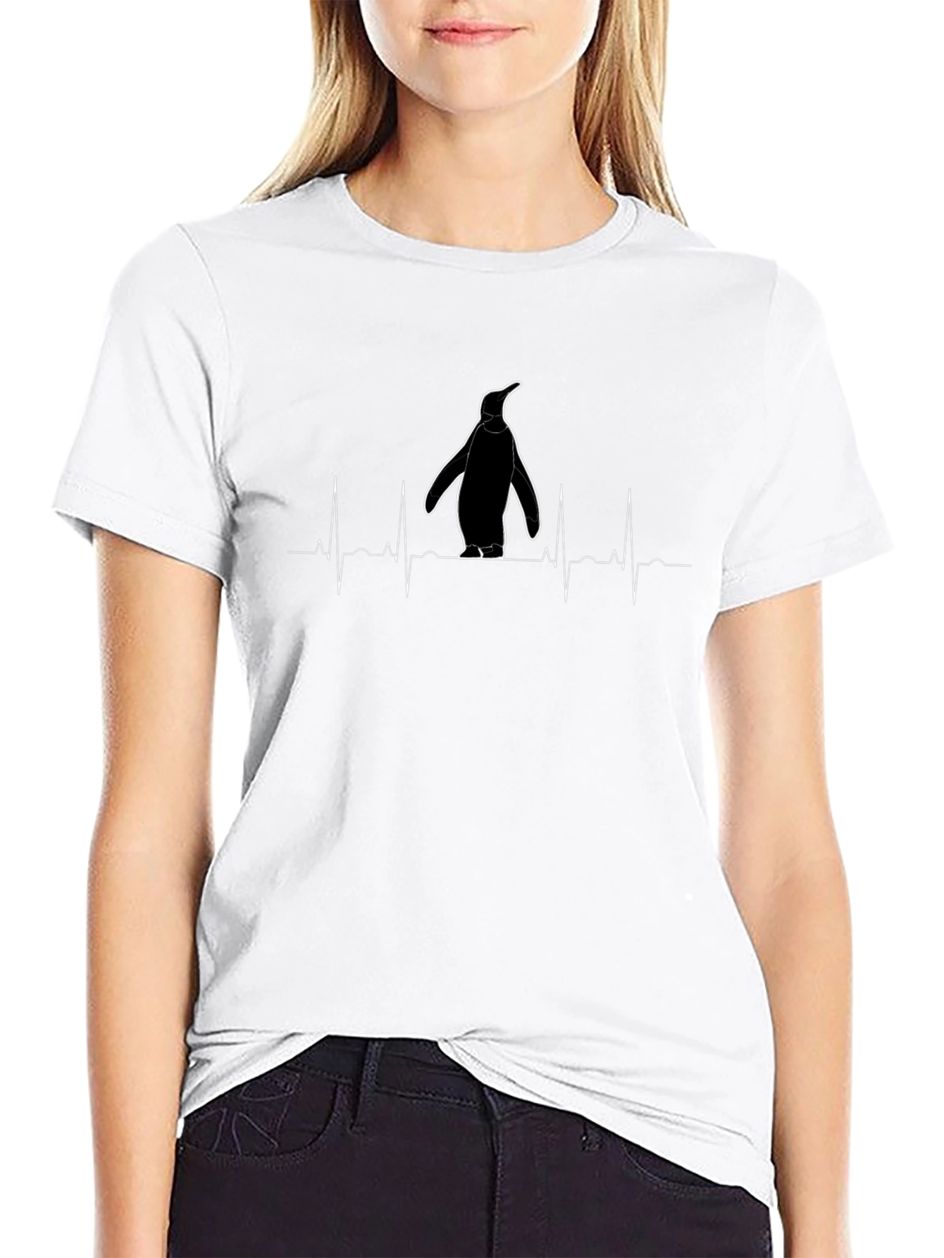 Penguin Heartbeat T-Shirt - Black Crew Neck
