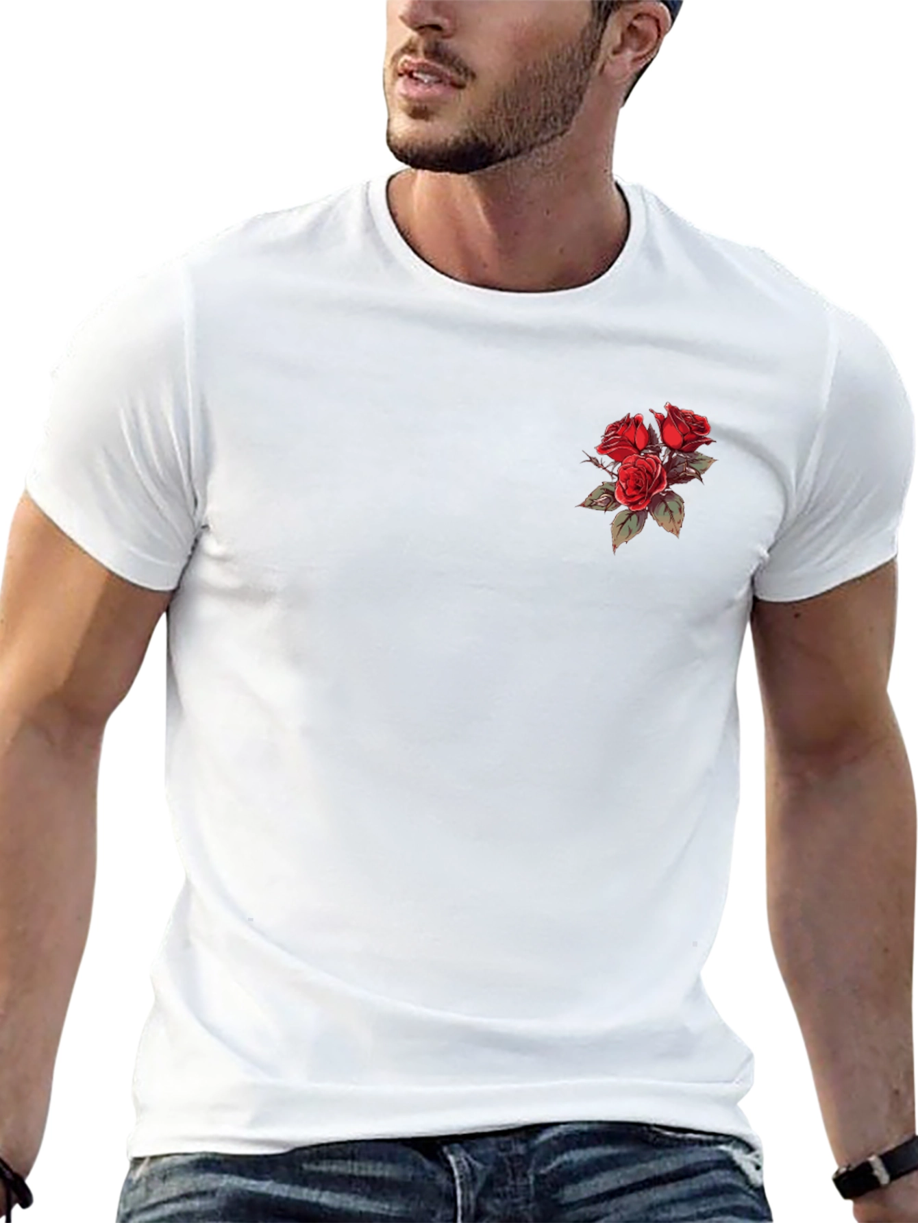 Black T-Shirt with Rose Bouquet Design