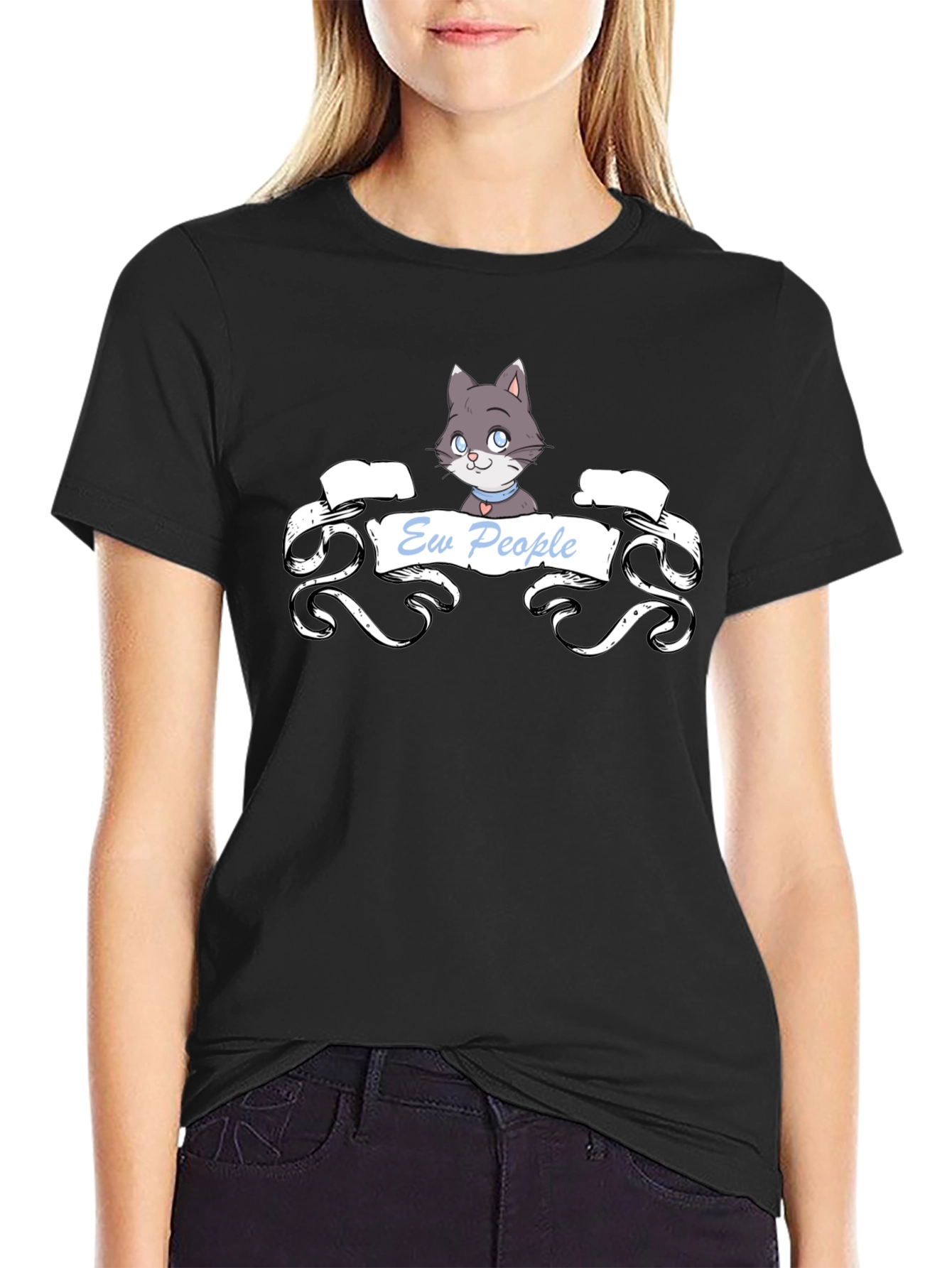 Ew People Cat T-Shirt - Black Cotton Tee