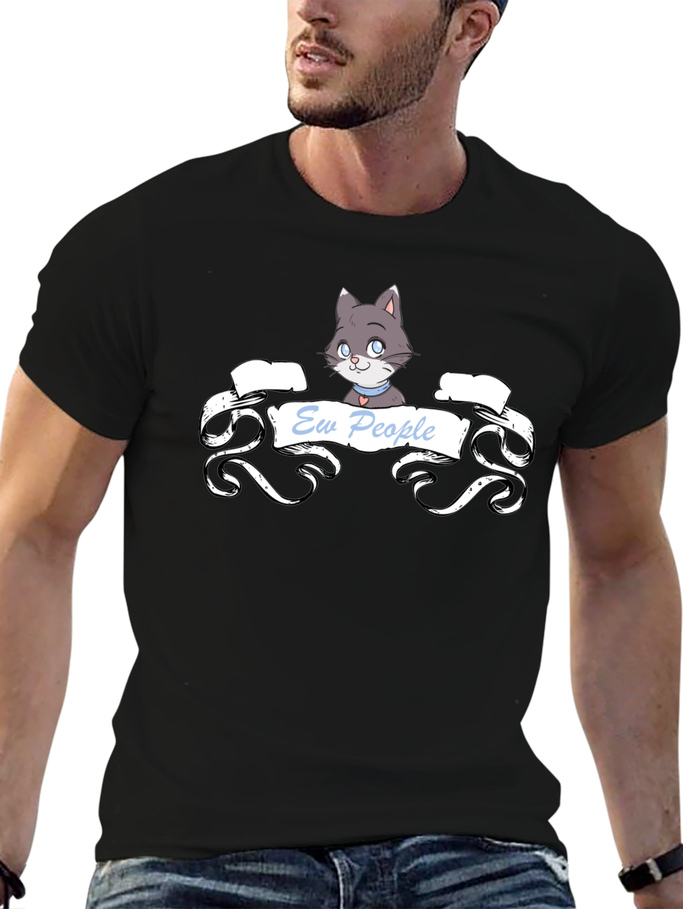 Ew People Cat T-Shirt - Black Cotton Tee