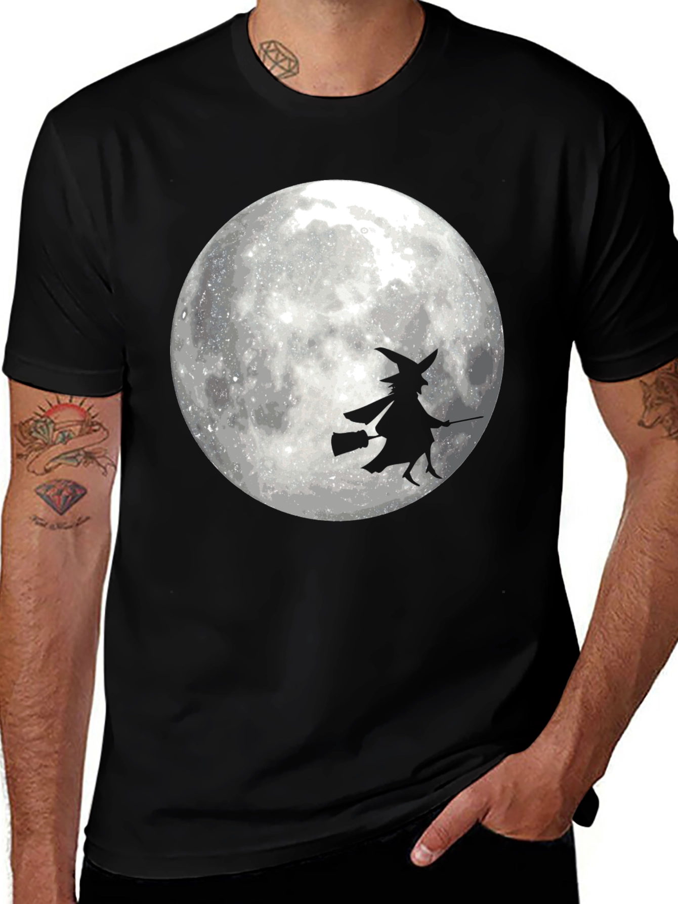 Halloween Witch on Moon Black T-Shirt