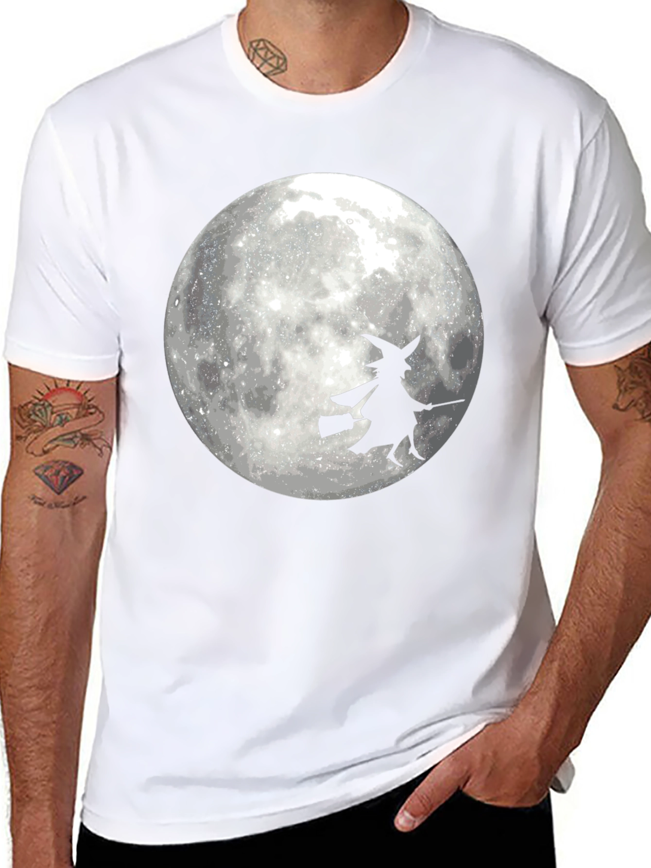 Halloween Witch on Moon Black T-Shirt