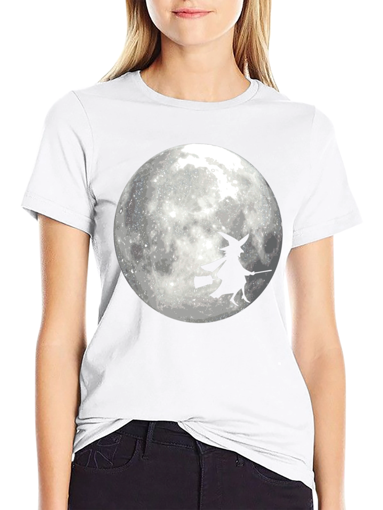 Halloween Witch on Moon Black T-Shirt