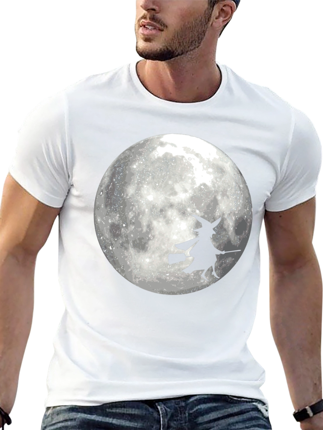 Halloween Witch on Moon Black T-Shirt