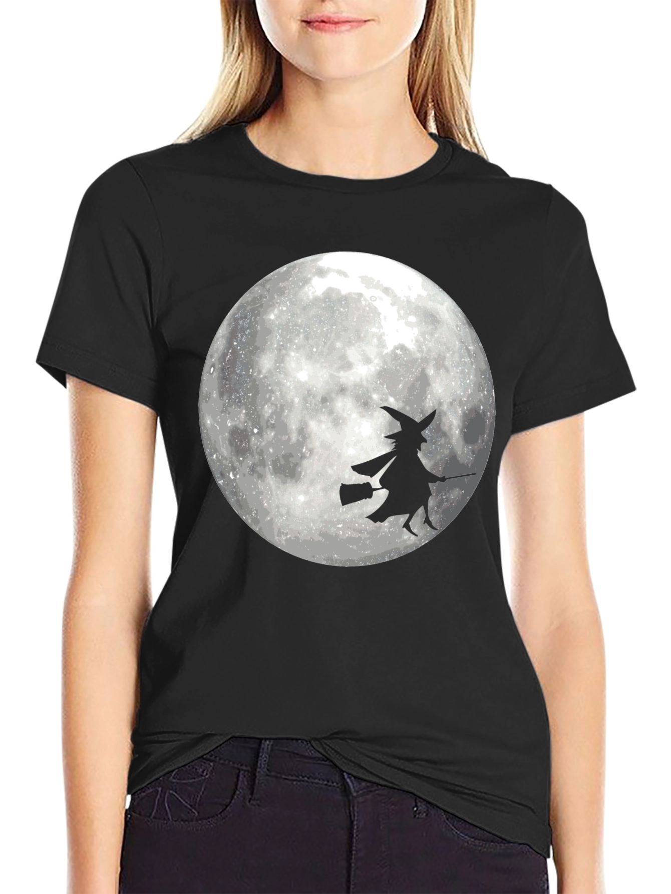 Halloween Witch on Moon Black T-Shirt