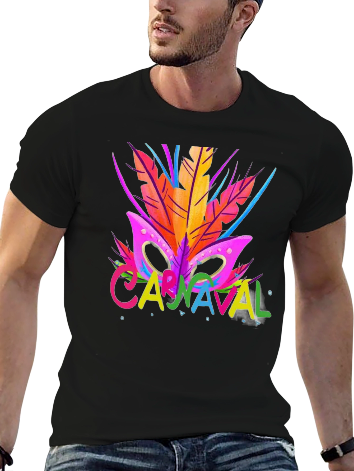 Carnaval T-Shirt - Vibrant Mask & Feathers Design