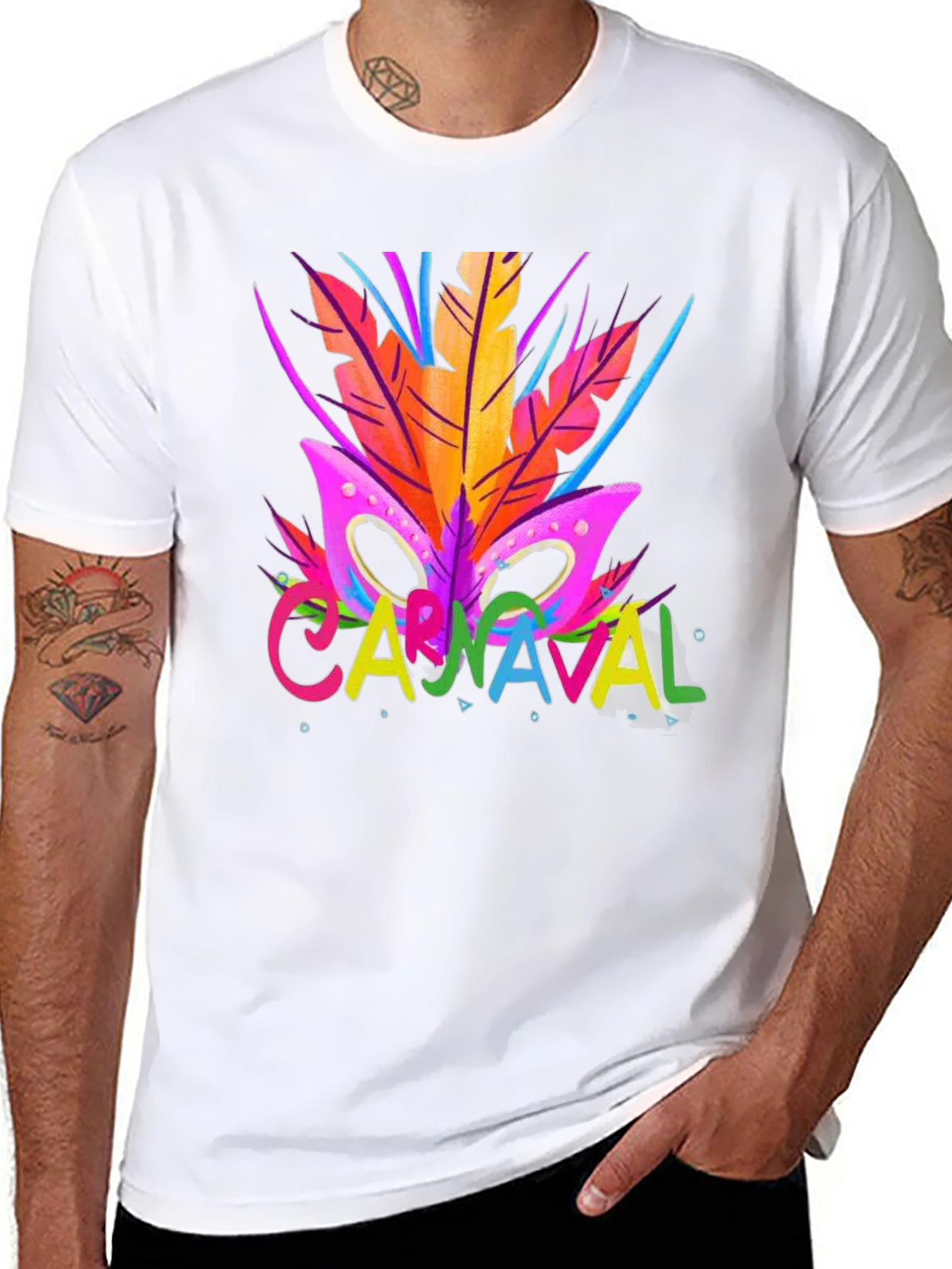 Carnaval T-Shirt - Vibrant Mask & Feathers Design