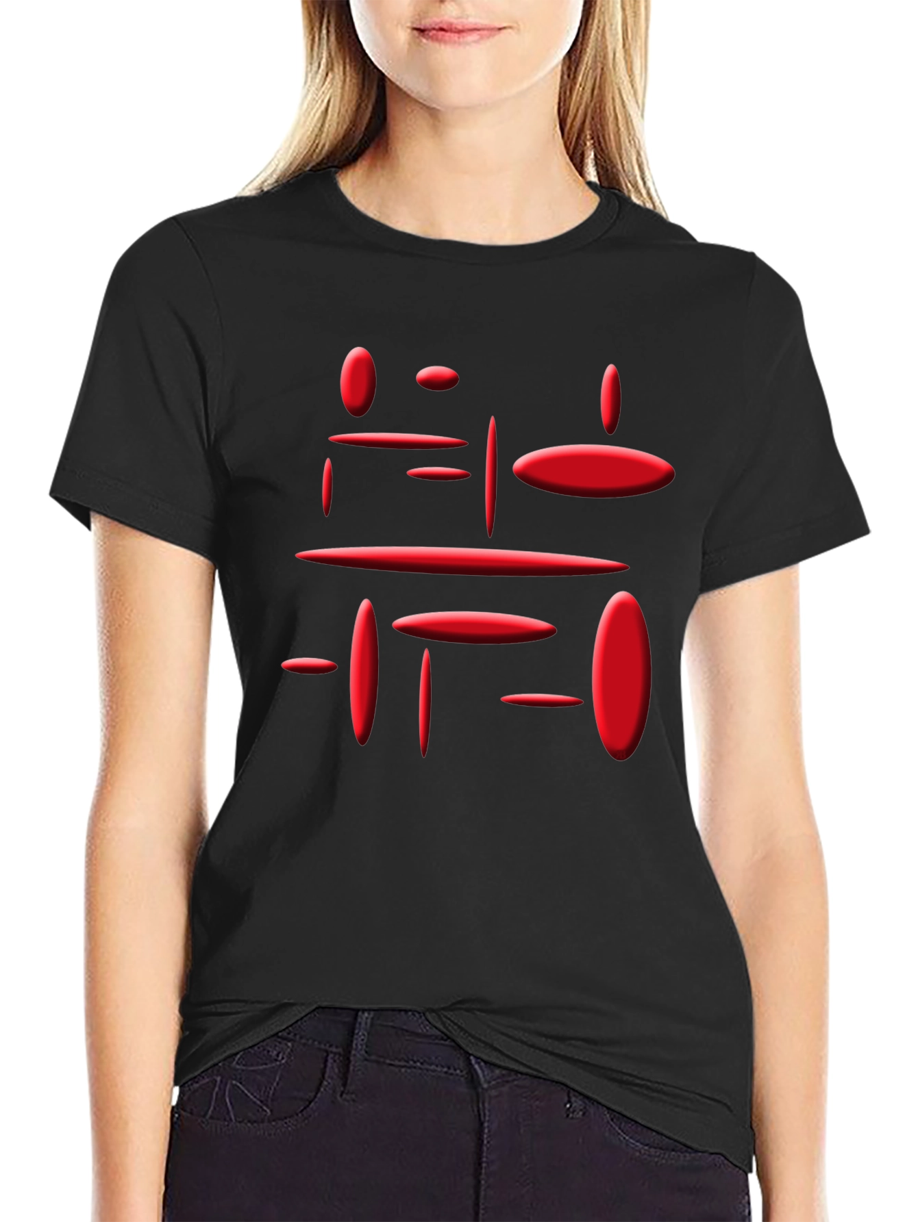 Modern Geometric Red Print Black T-Shirt