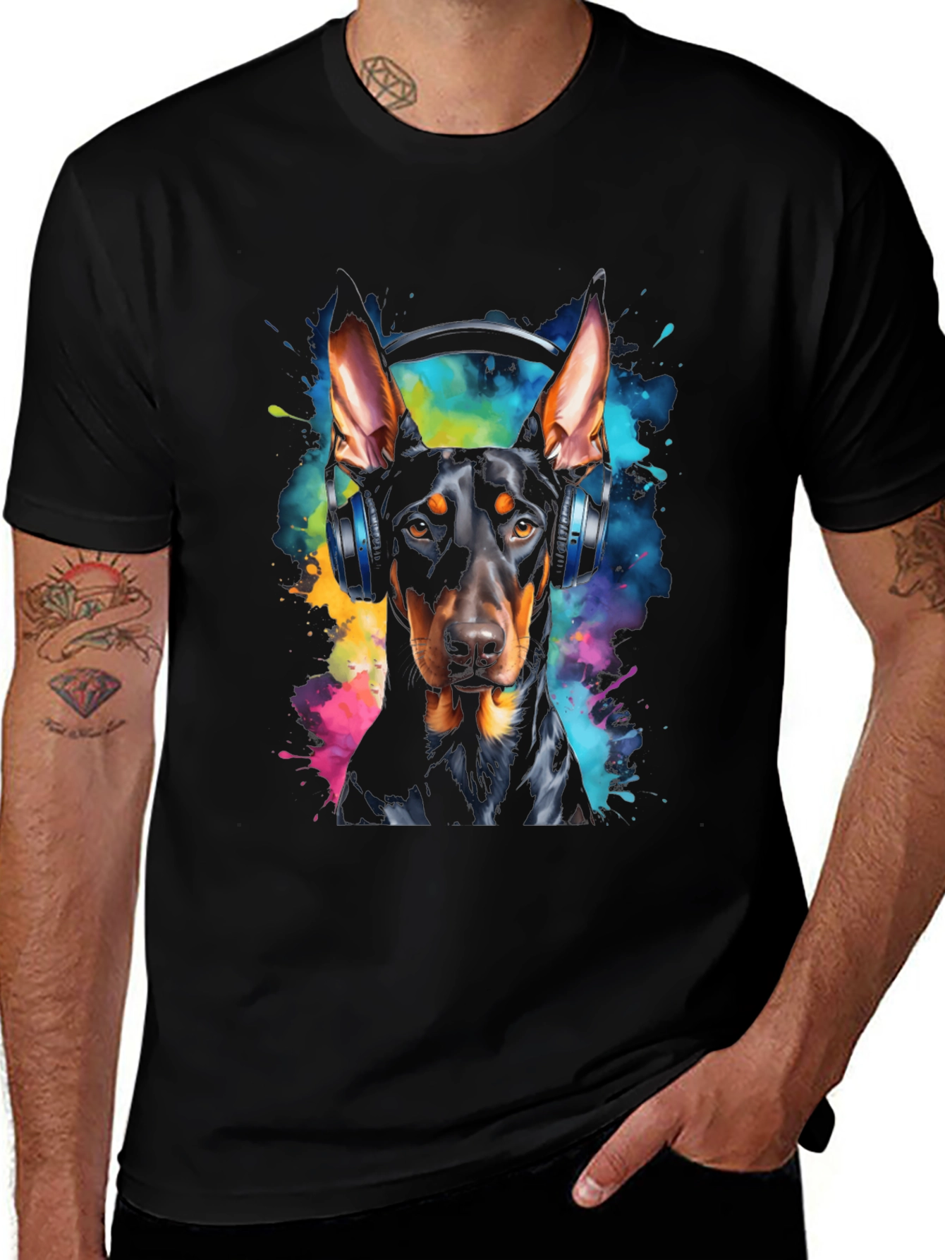 Doberman Dog Headphones Graphic Black T-Shirt