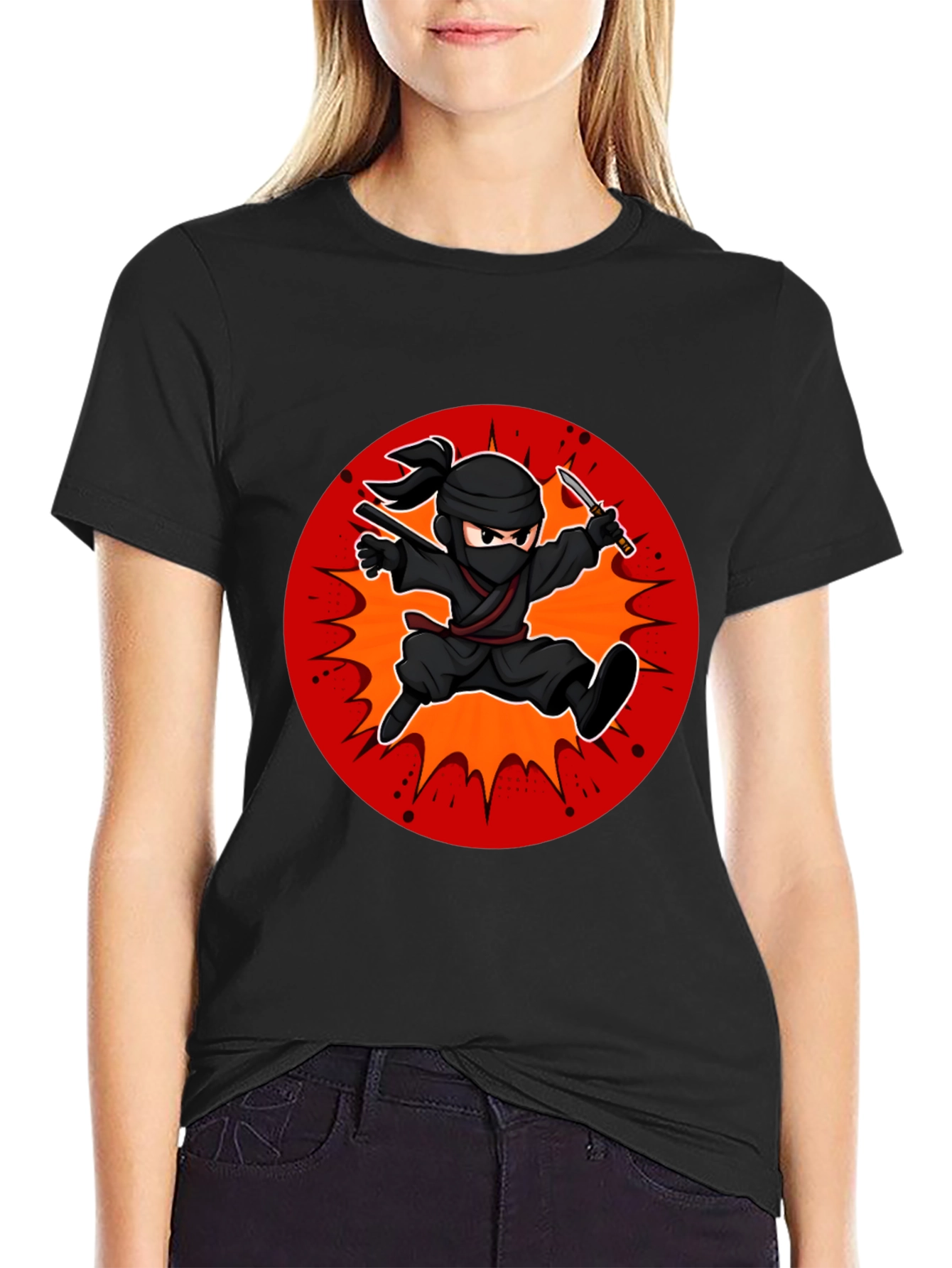 Ninja Cartoon Graphic Black T-Shirt