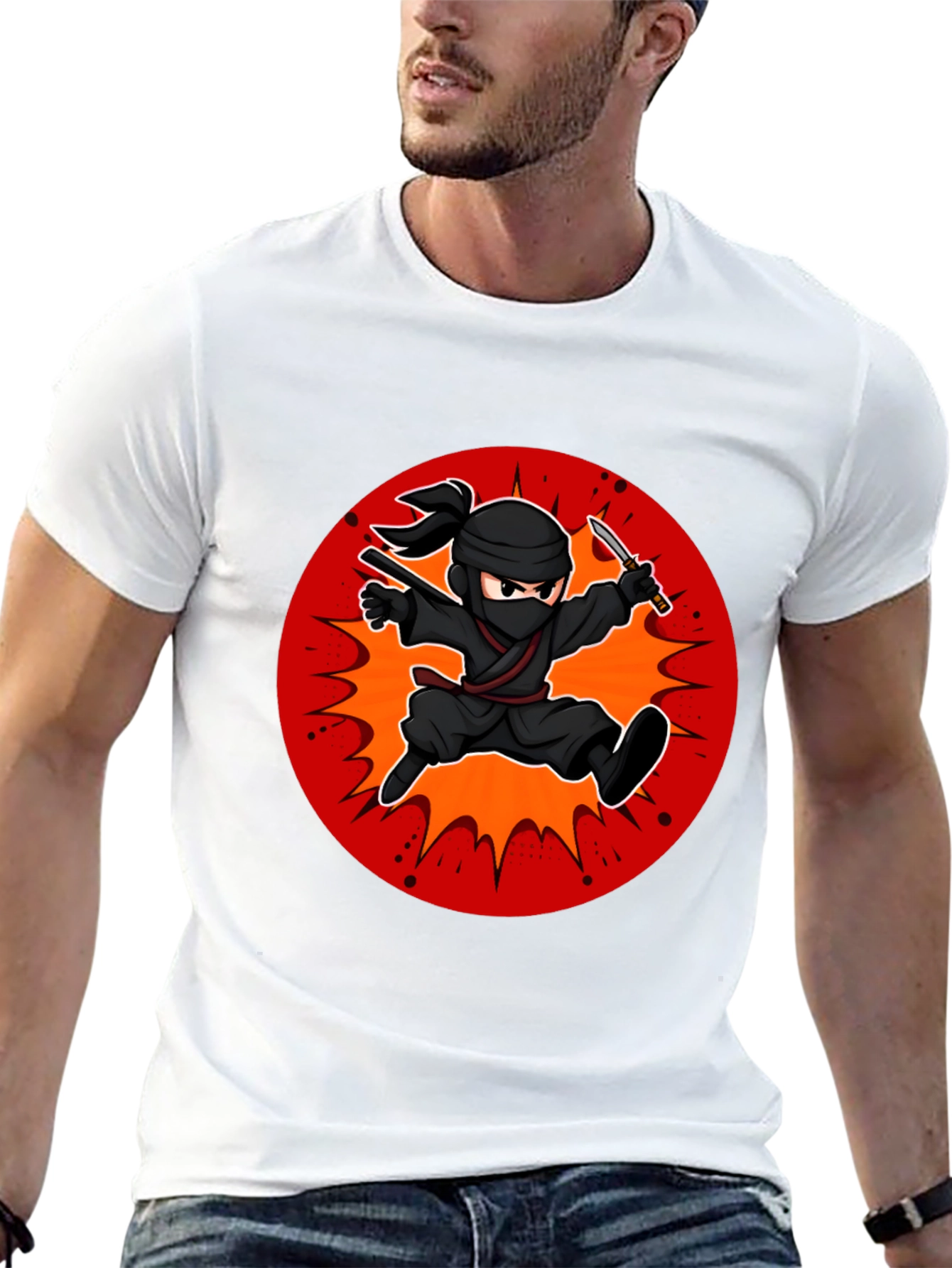 Ninja Cartoon Graphic Black T-Shirt