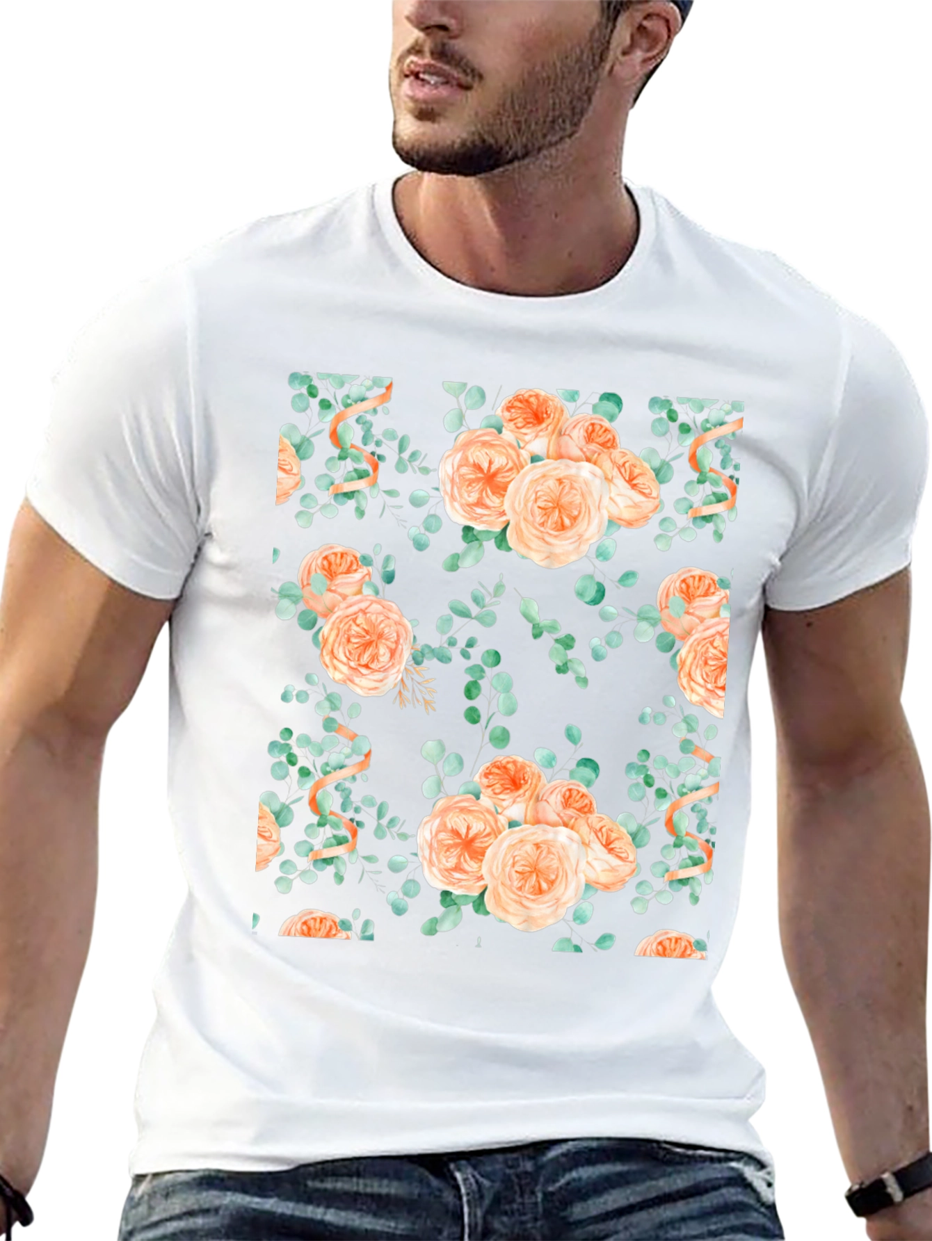 Floral Peach Rose Print Black T-Shirt