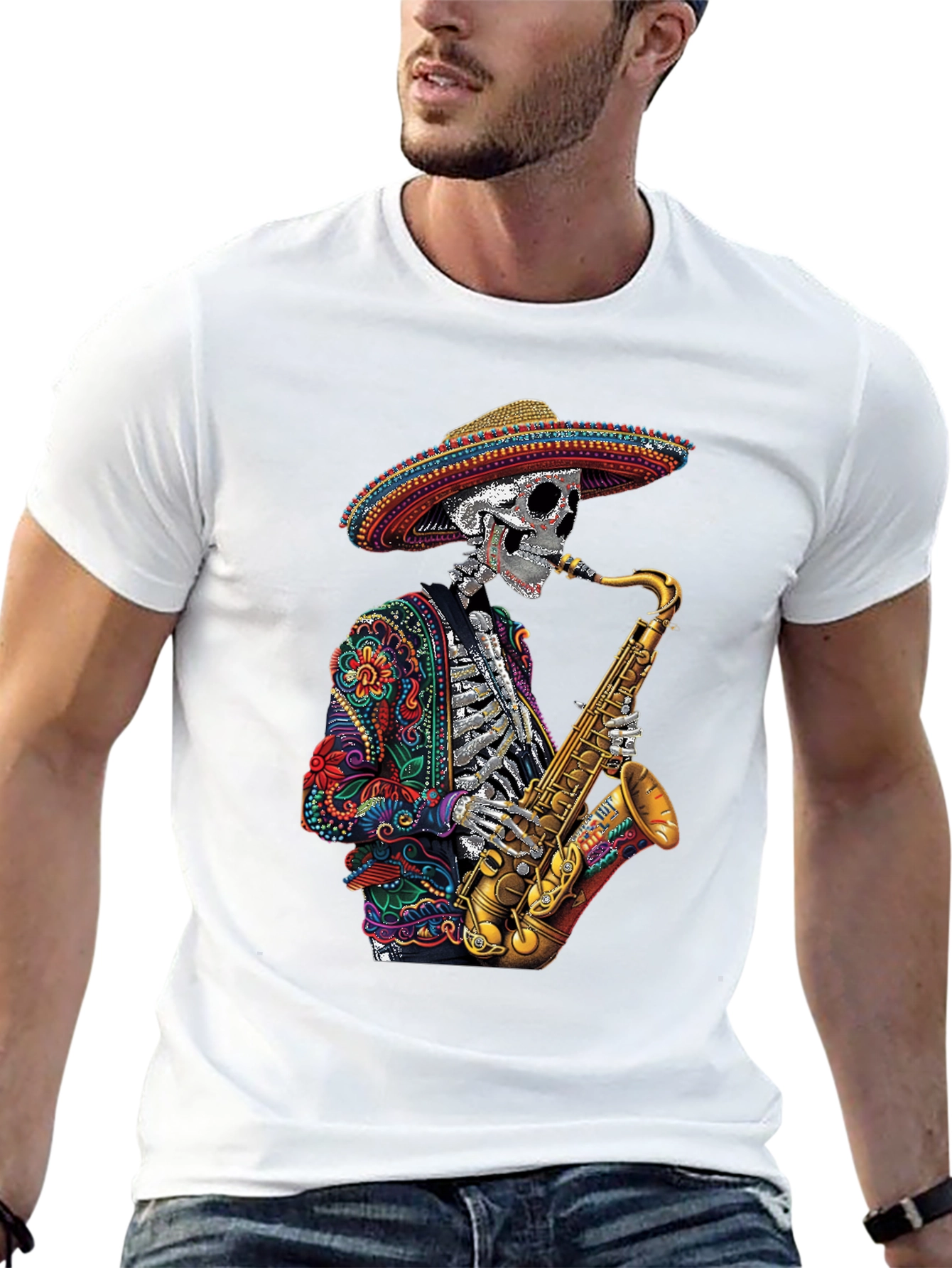 Day of the Dead Sax Skeleton Graphic Tee