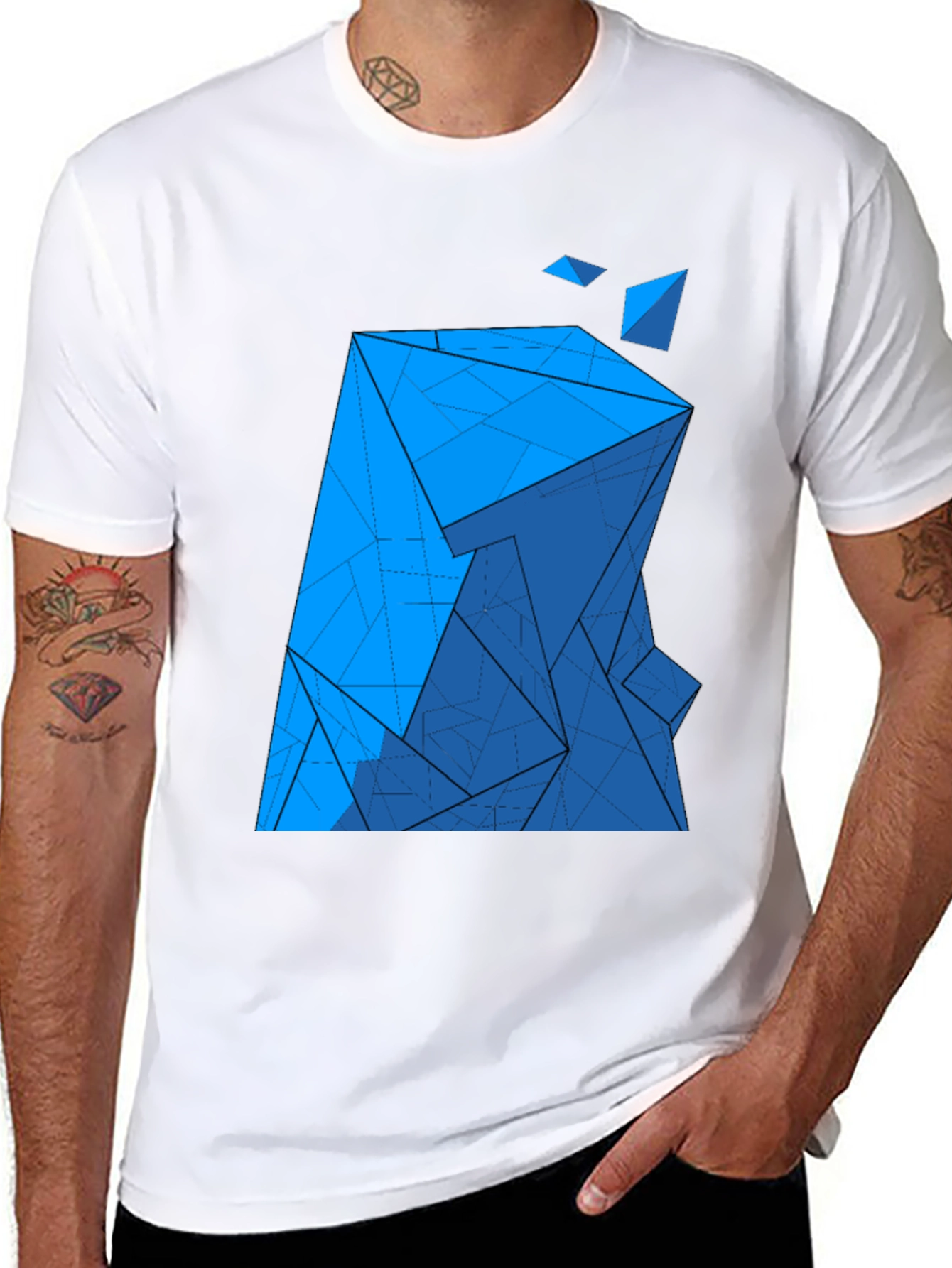Abstract Blue Geometric Print Black T-Shirt