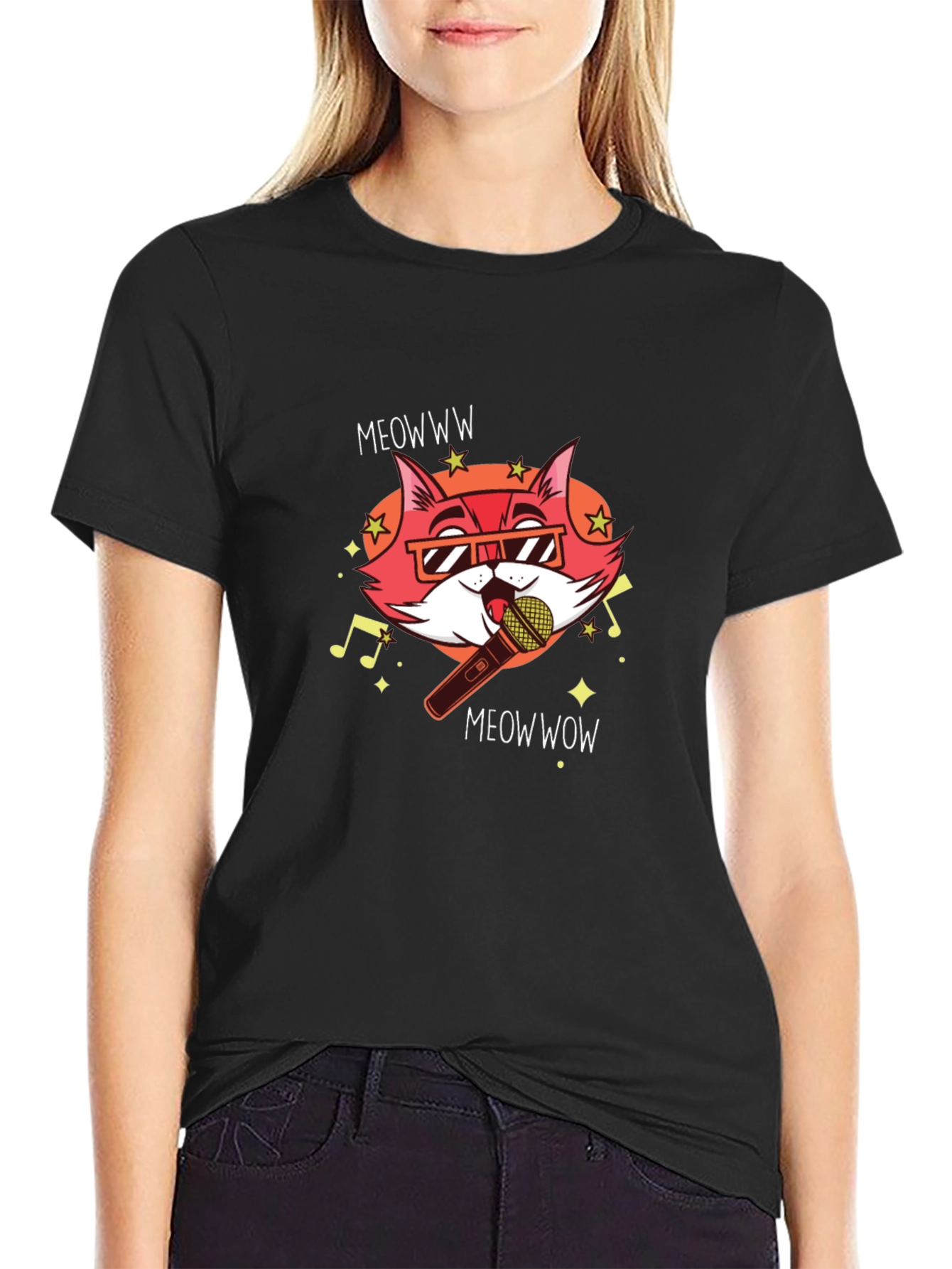 Singing Cat Graphic Tee - Black Cotton T-Shirt