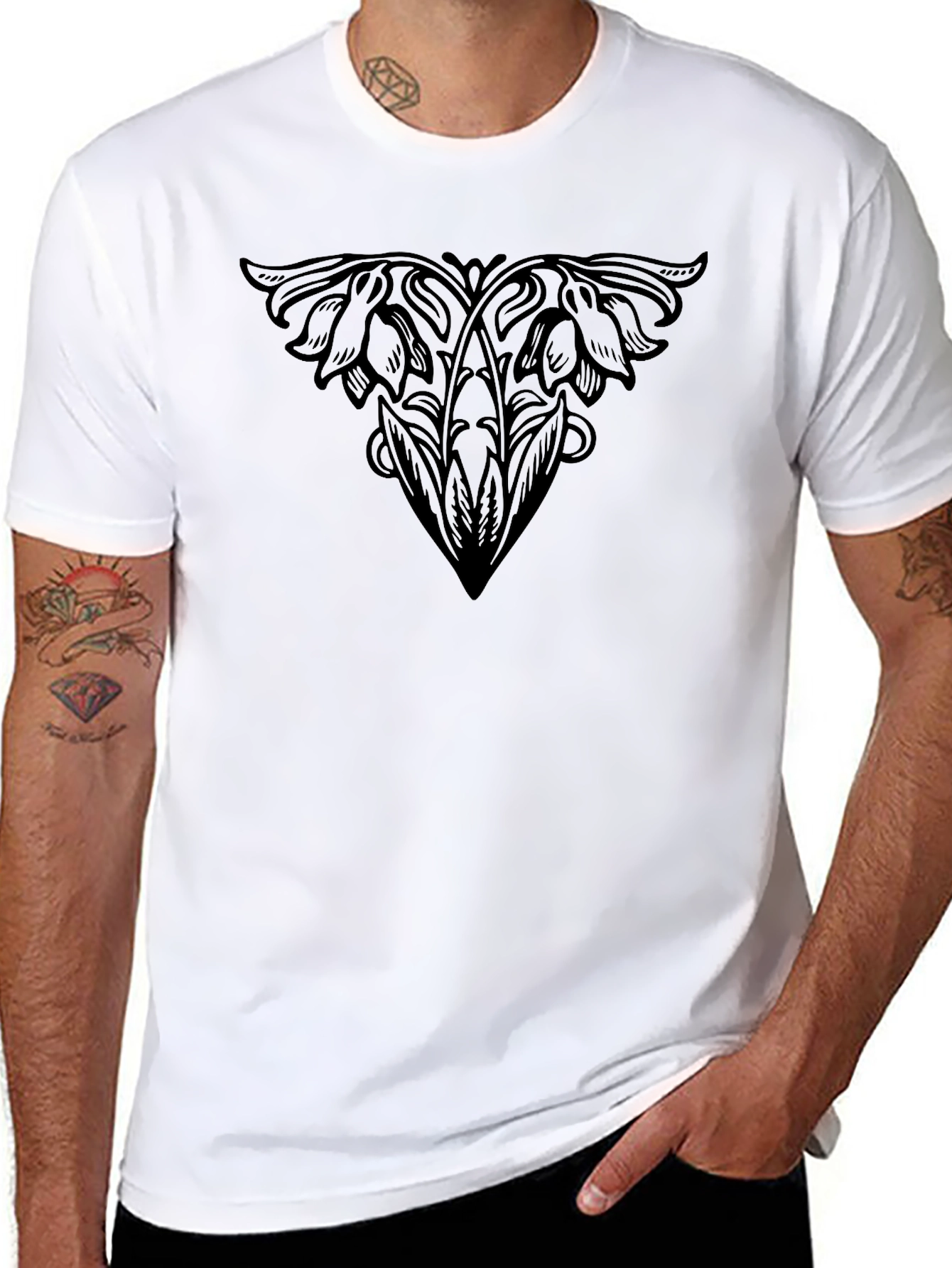 Elegant Floral Print Black T-Shirt