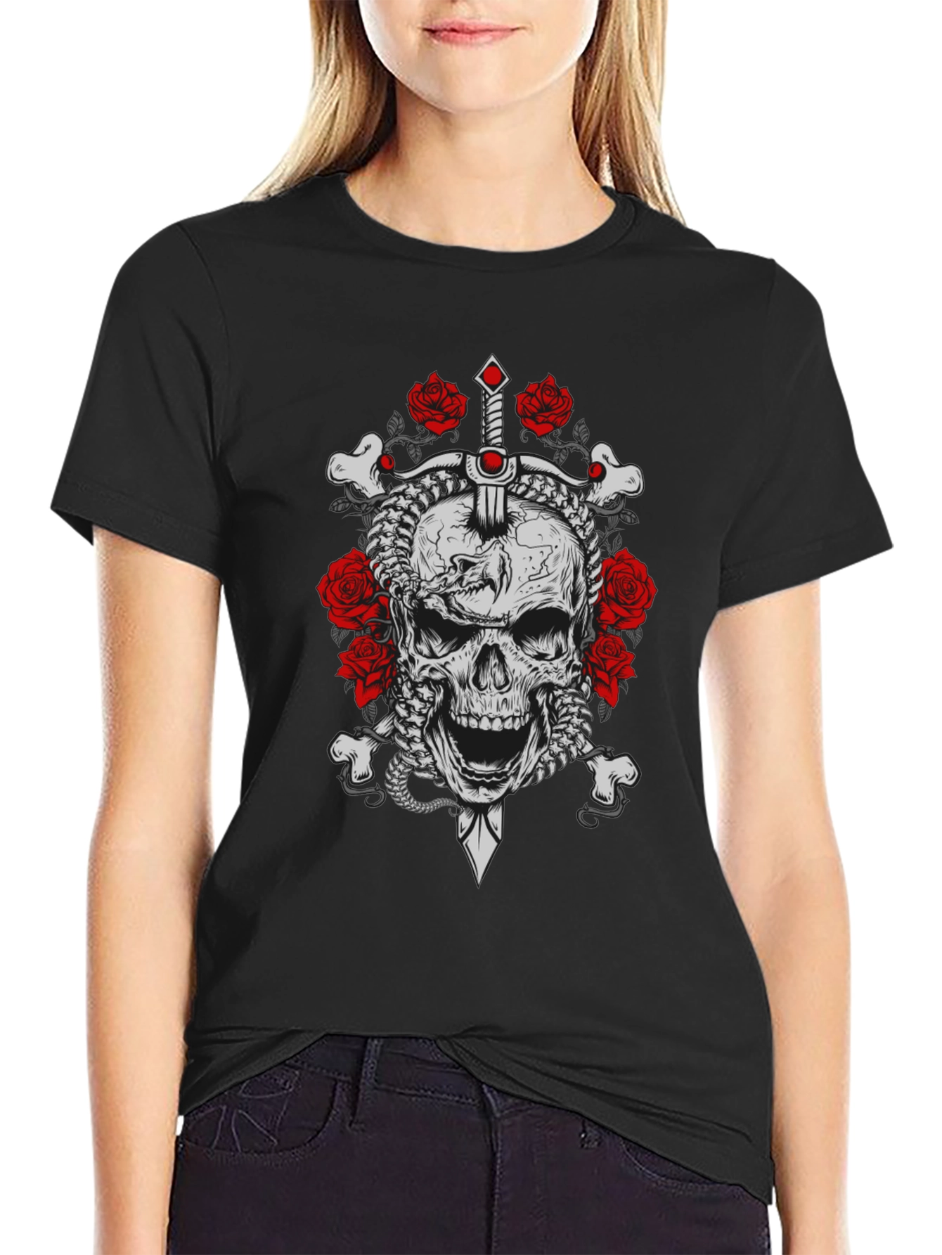 Skull & Roses Graphic Tee - Edgy Style