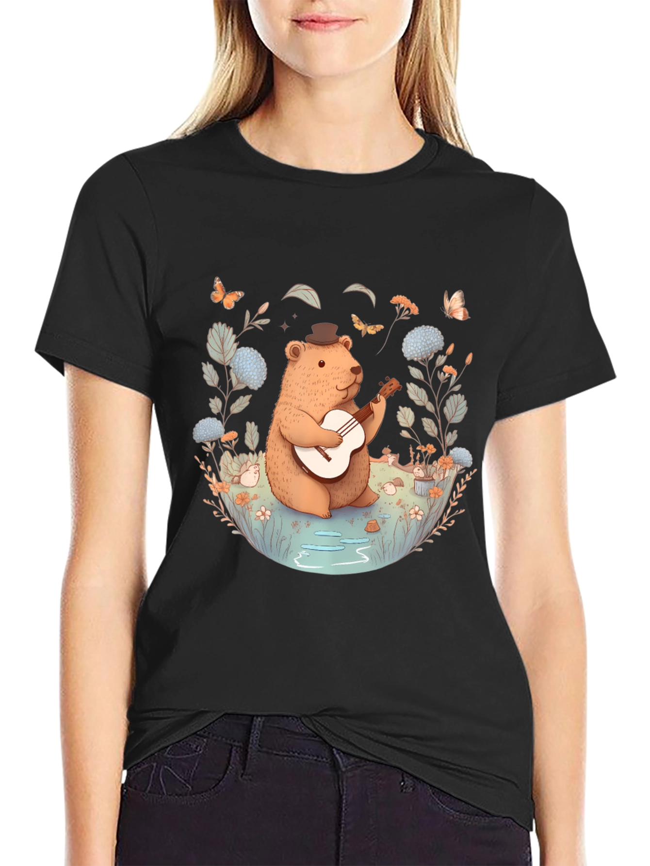 Whimsical Bear Guitarist T-Shirt - Nature Inspired Design